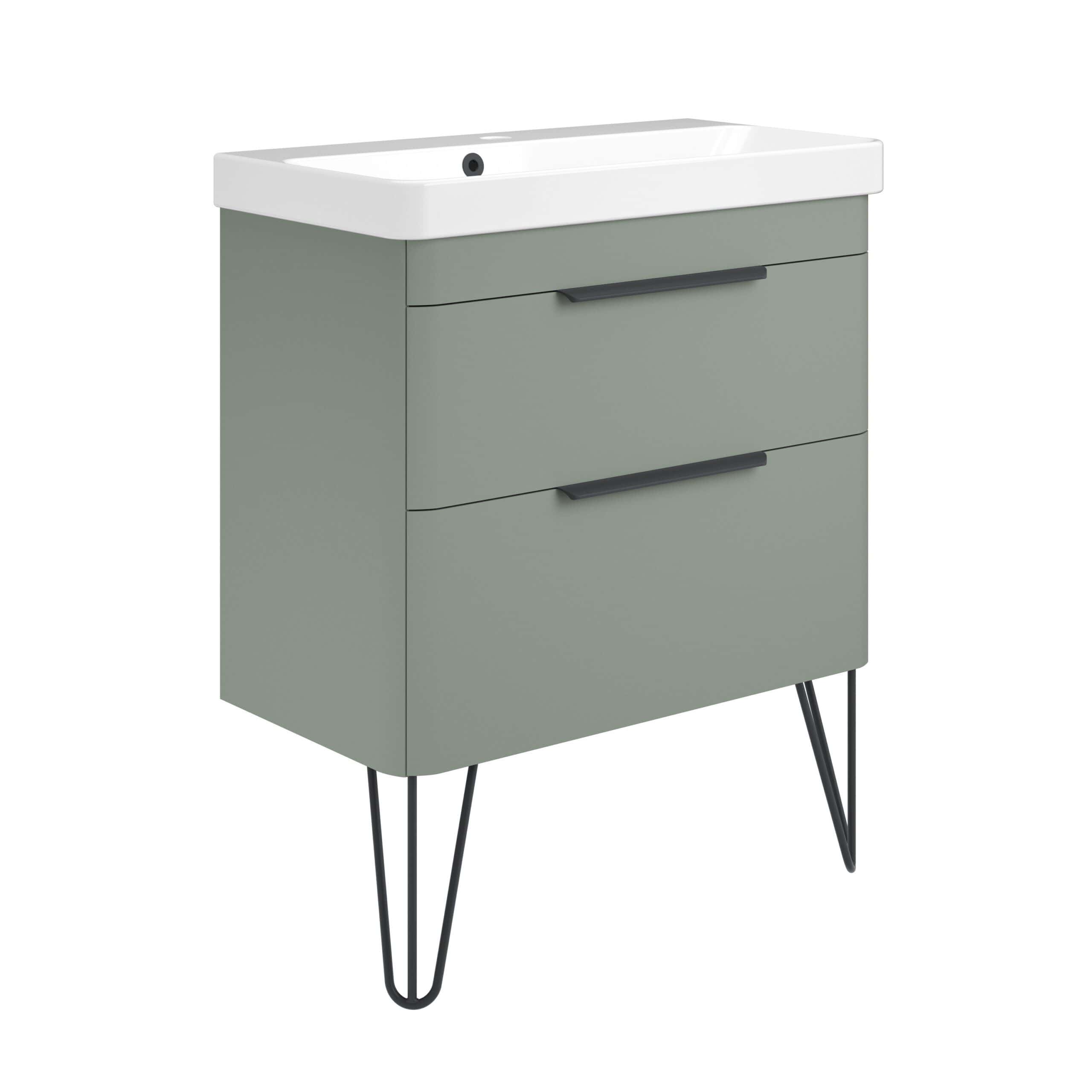 Sleek modern bathroom vanity unit with integrated sink in grey with black handles and stylish hairpin legs, perfect for contemporary bathroom designs.