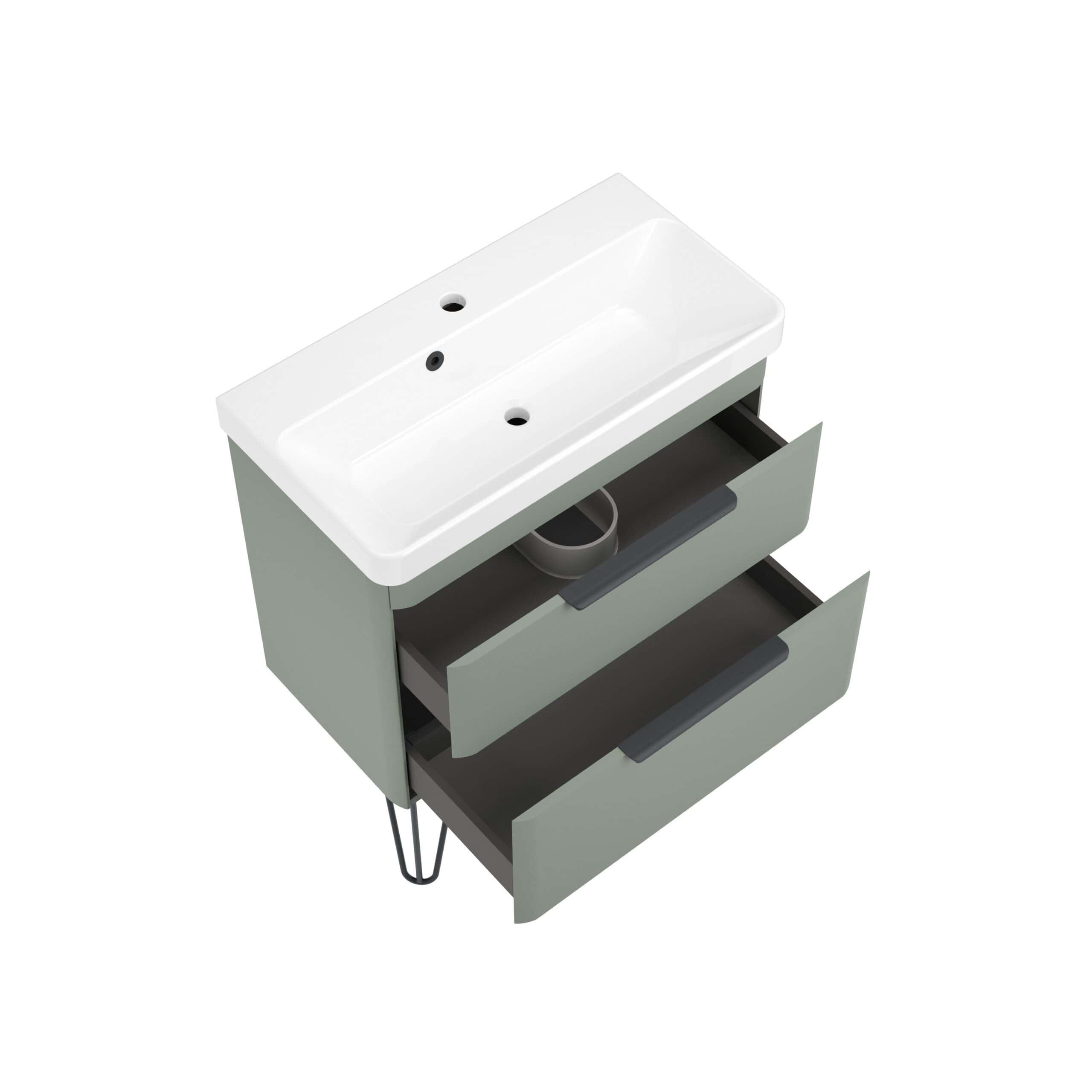 Modern bathroom vanity unit with integrated sink and open storage drawers, ideal for contemporary bathroom decor and practical organisation.