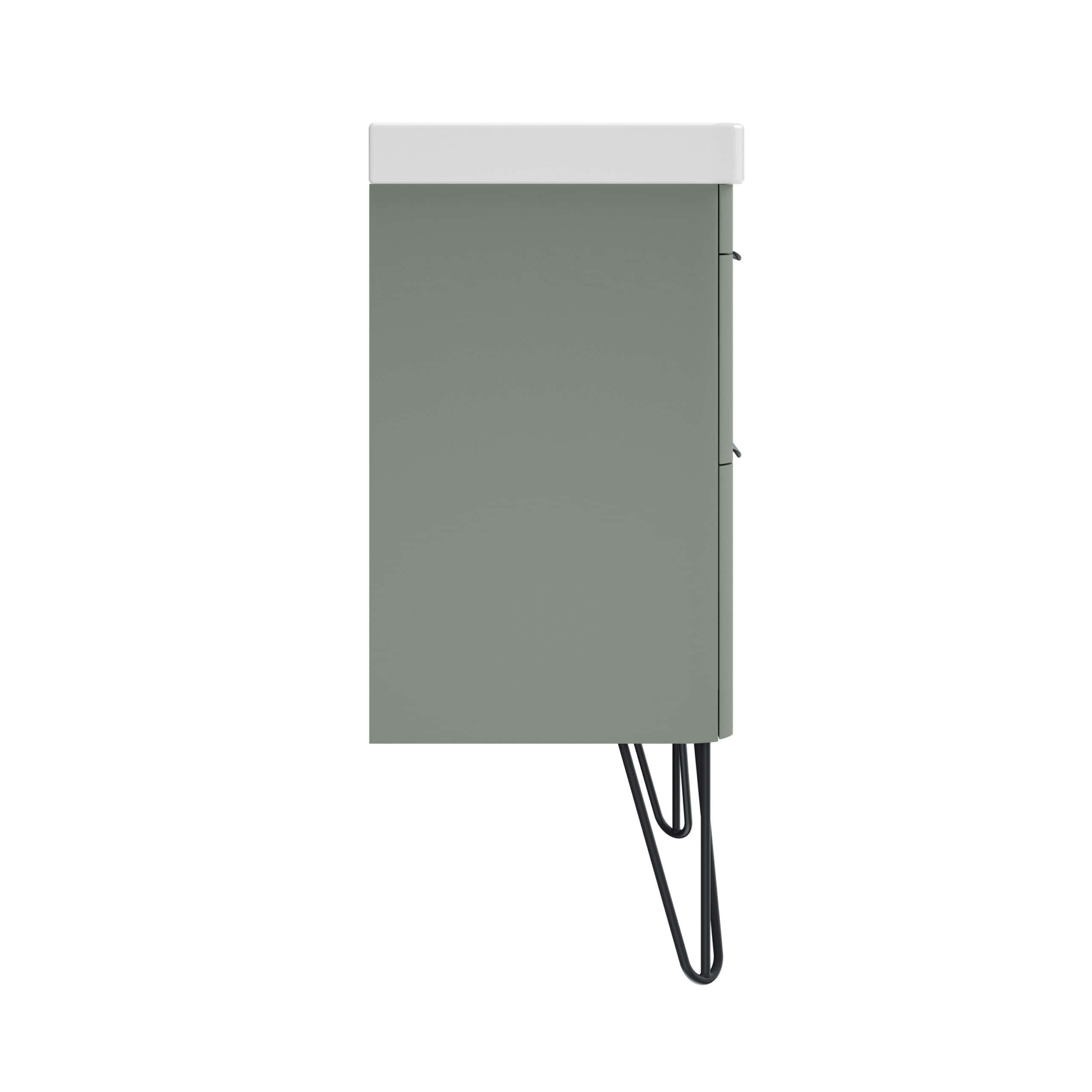 Sleek grey wall-mounted bathroom cabinet with a white top and black metal hairpin legs, modern bathroom storage solution.