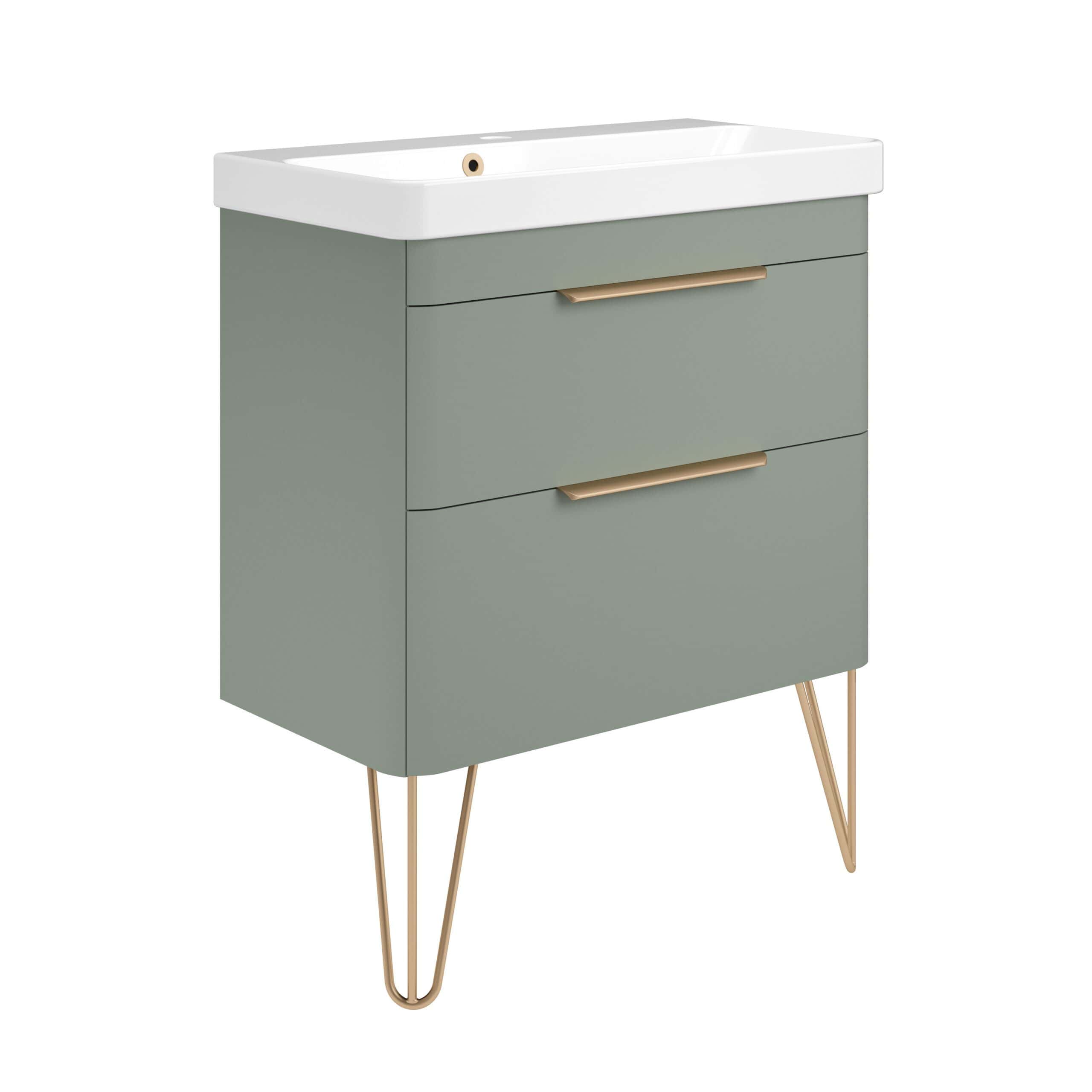Sleek green bathroom vanity with white sink and gold handles, modern storage unit for stylish bathroom organisation.