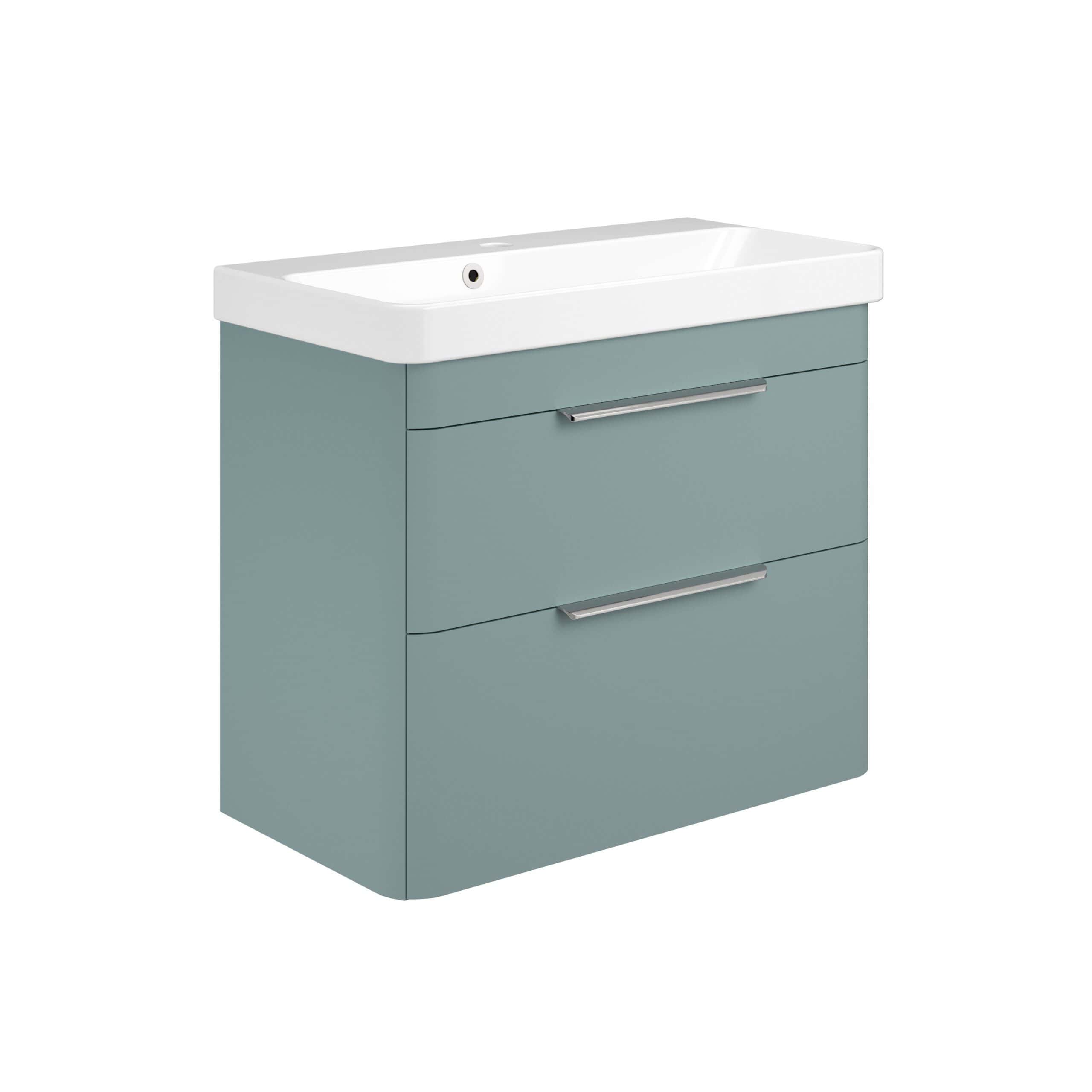 Modern grey bathroom vanity unit with integrated ceramic sink and sleek handles, ideal for contemporary bathroom upgrades. Perfect for sleek, functional bathroom storage and style.