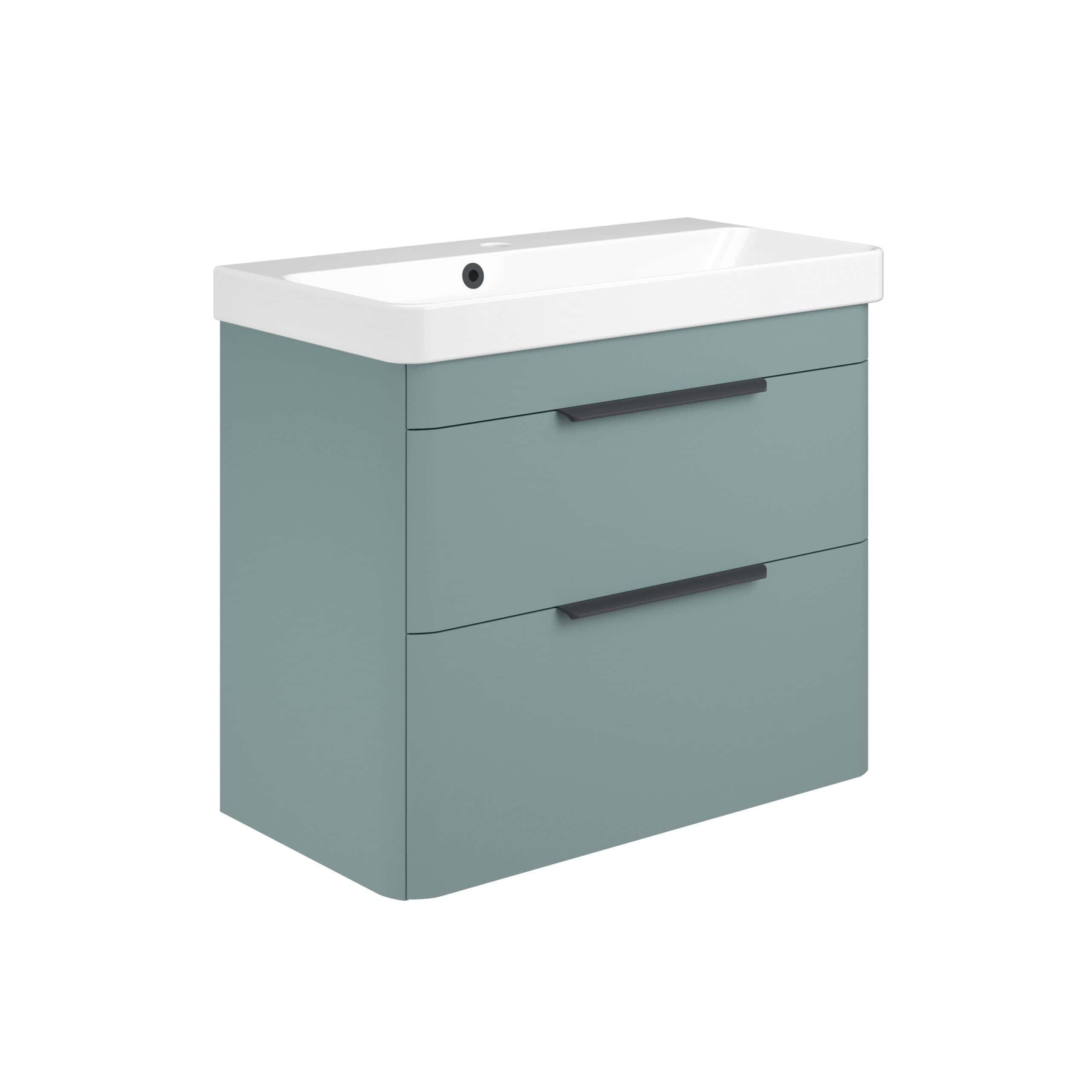 Modern grey bathroom vanity with a white ceramic sink, sleek black handles, and spacious storage drawers, perfect for stylish and functional bathroom decor.