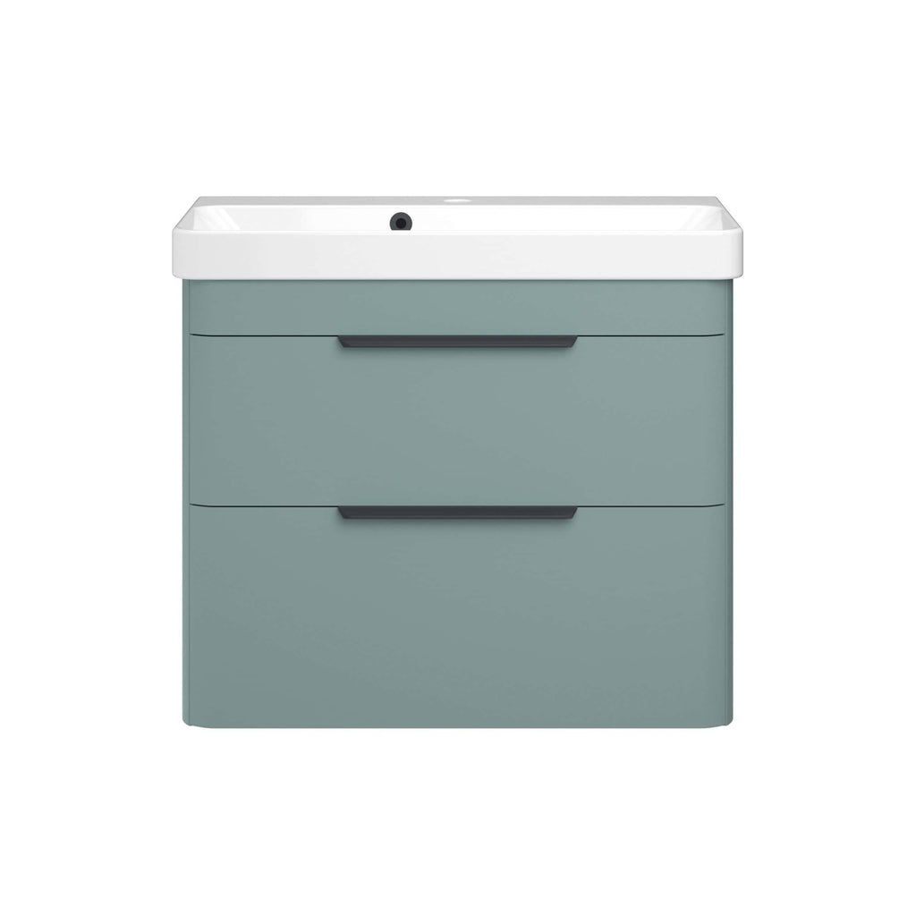 Modern bathroom vanity unit with integrated sink in soft grey finish, featuring sleek black handles and spacious storage drawers for a stylish and functional bathroom upgrade.