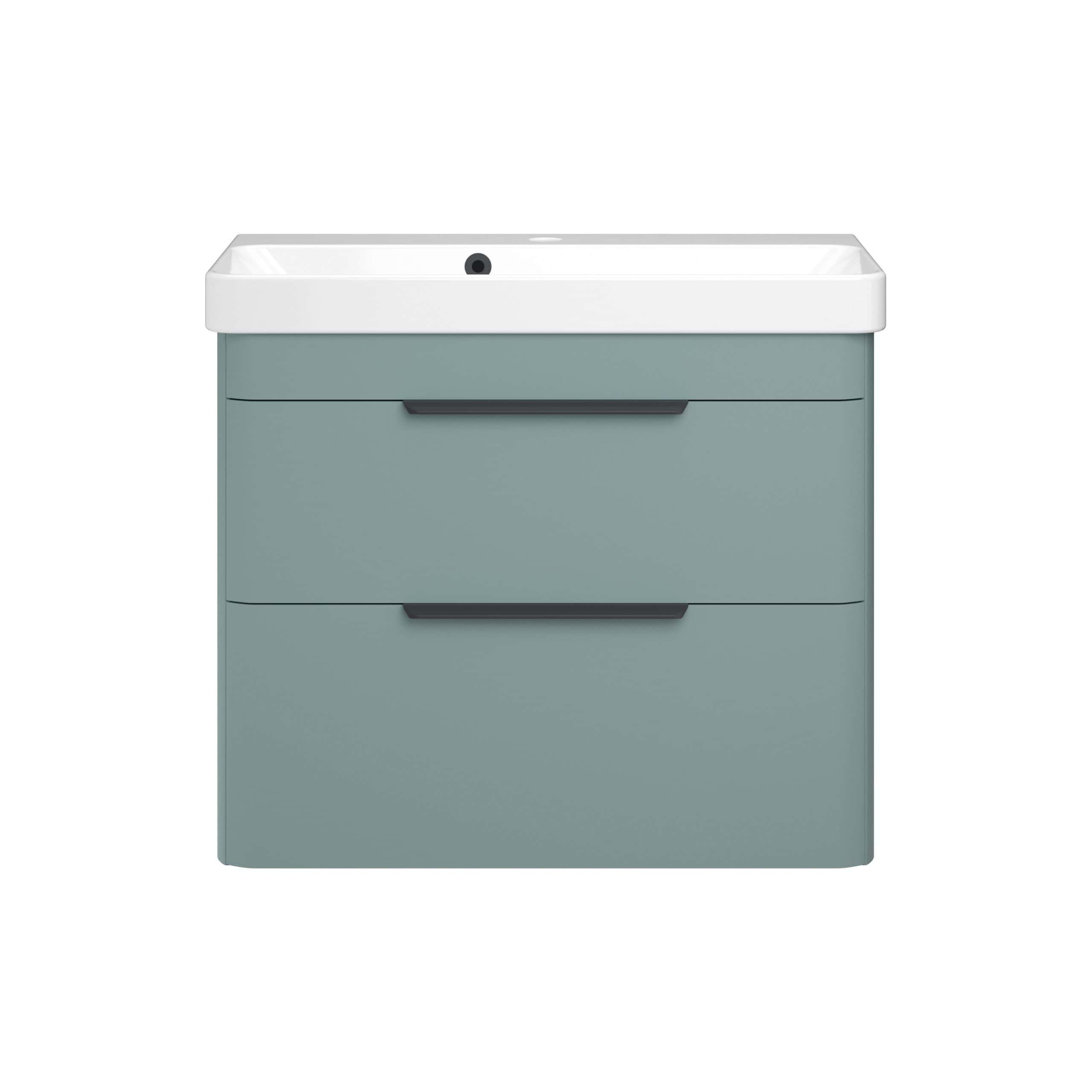 Modern bathroom vanity unit with integrated sink in soft grey finish, featuring sleek black handles and spacious storage drawers for a stylish and functional bathroom upgrade.