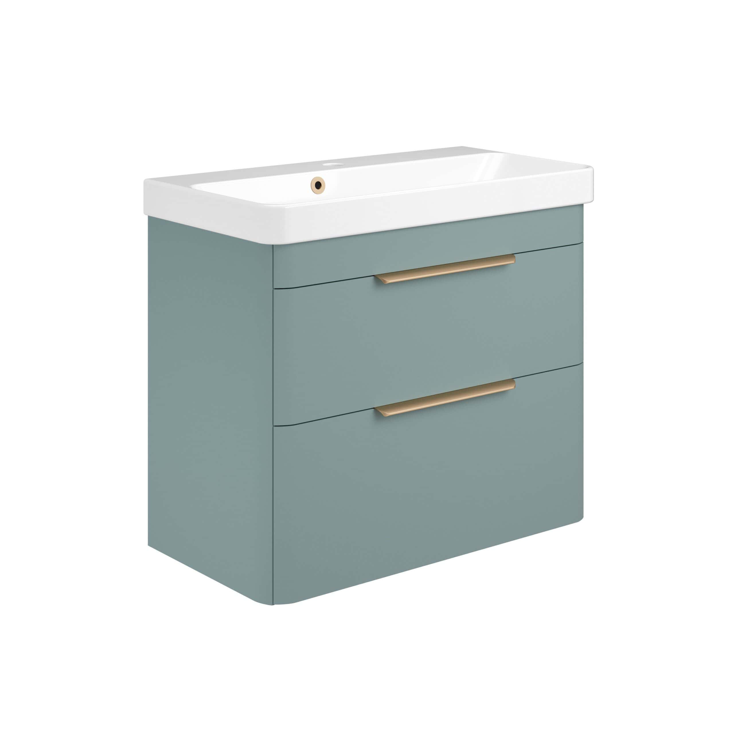 Modern bathroom vanity unit with integrated basin in soft blue colour, featuring sleek gold handles, ideal for contemporary bathroom designs.