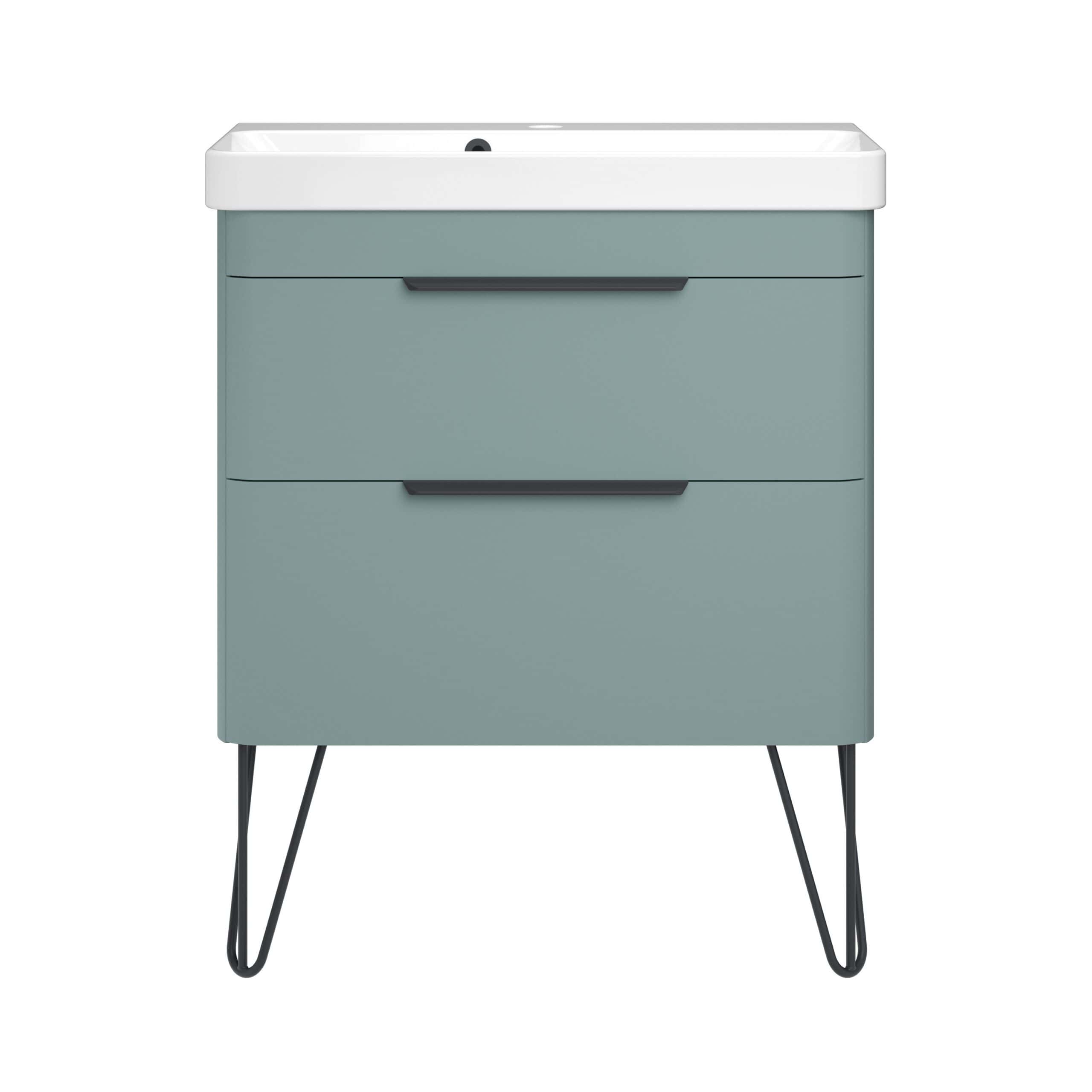 Modern bathroom vanity unit with a sleek design, soft blue finish, and black metal hairpin legs, featuring three spacious drawers for stylish and functional bathroom storage.