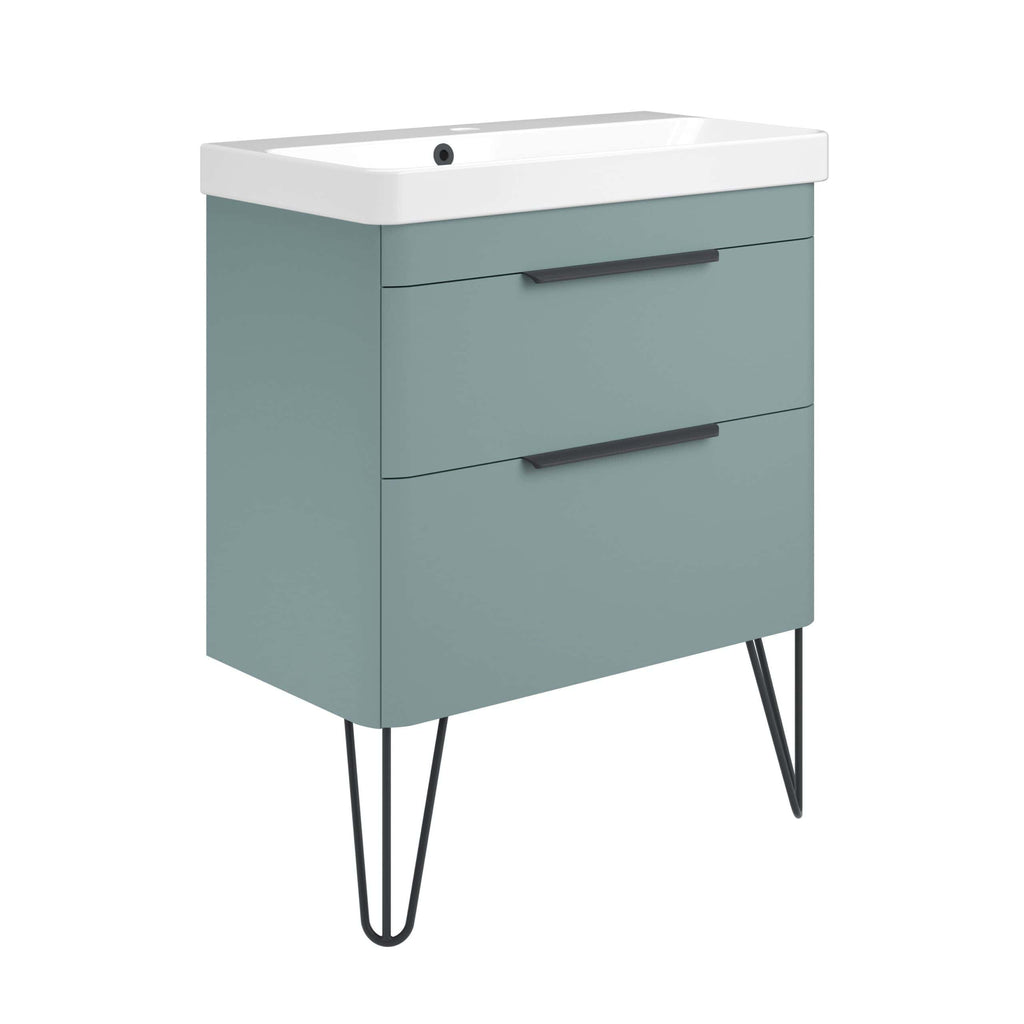 Sleek modern bathroom vanity with integrated sink, soft-close drawers, and black hairpin legs, perfect for contemporary bathroom decor.