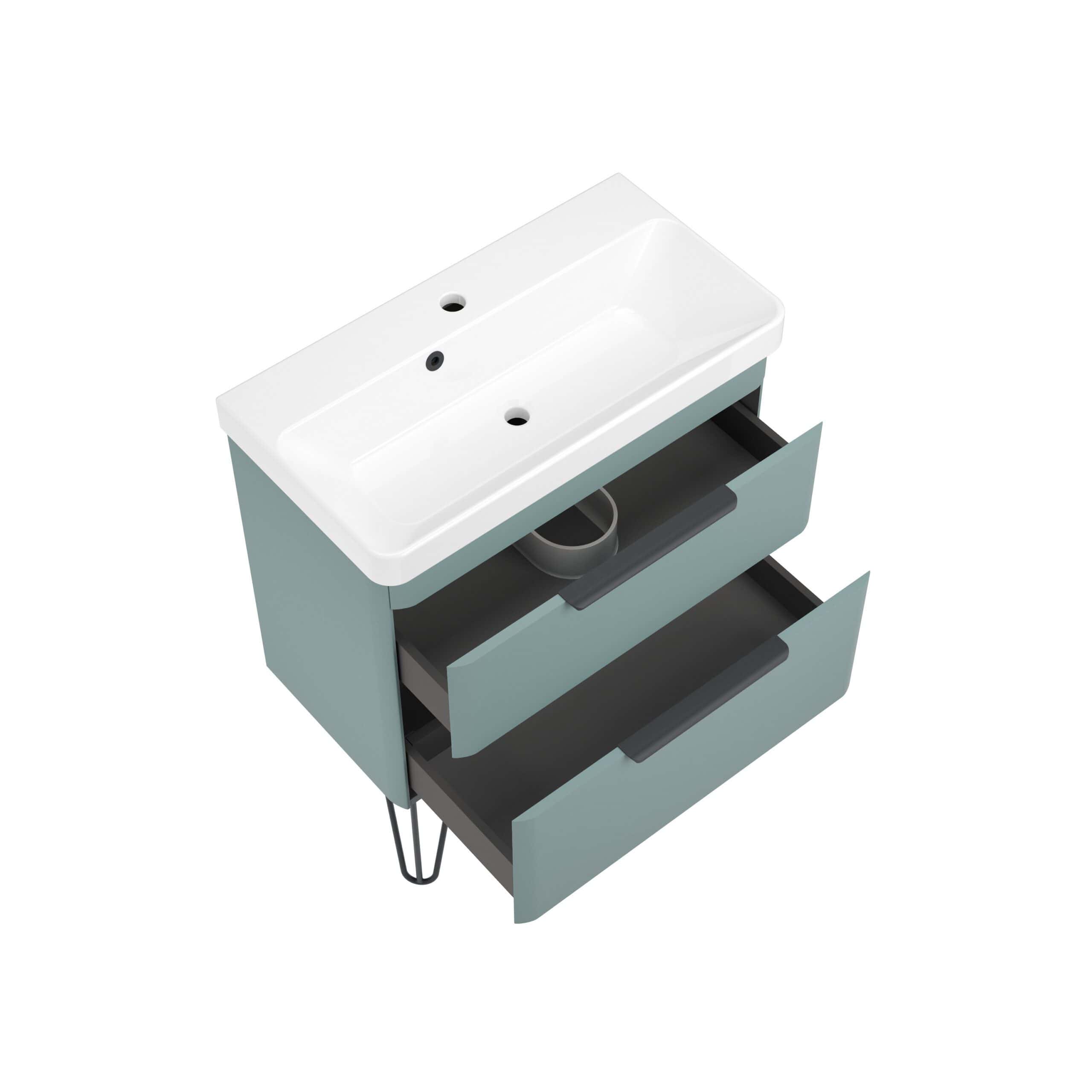 Modern bathroom vanity unit with a sleek white ceramic sink, grey drawers, and black metal legs - stylish bathroom storage solutions.