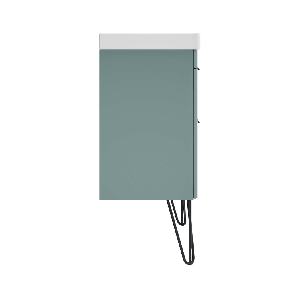 Modern grey bathroom cabinet with sleek design, white top, and black hairpin legs, ideal for contemporary bathroom storage solutions.