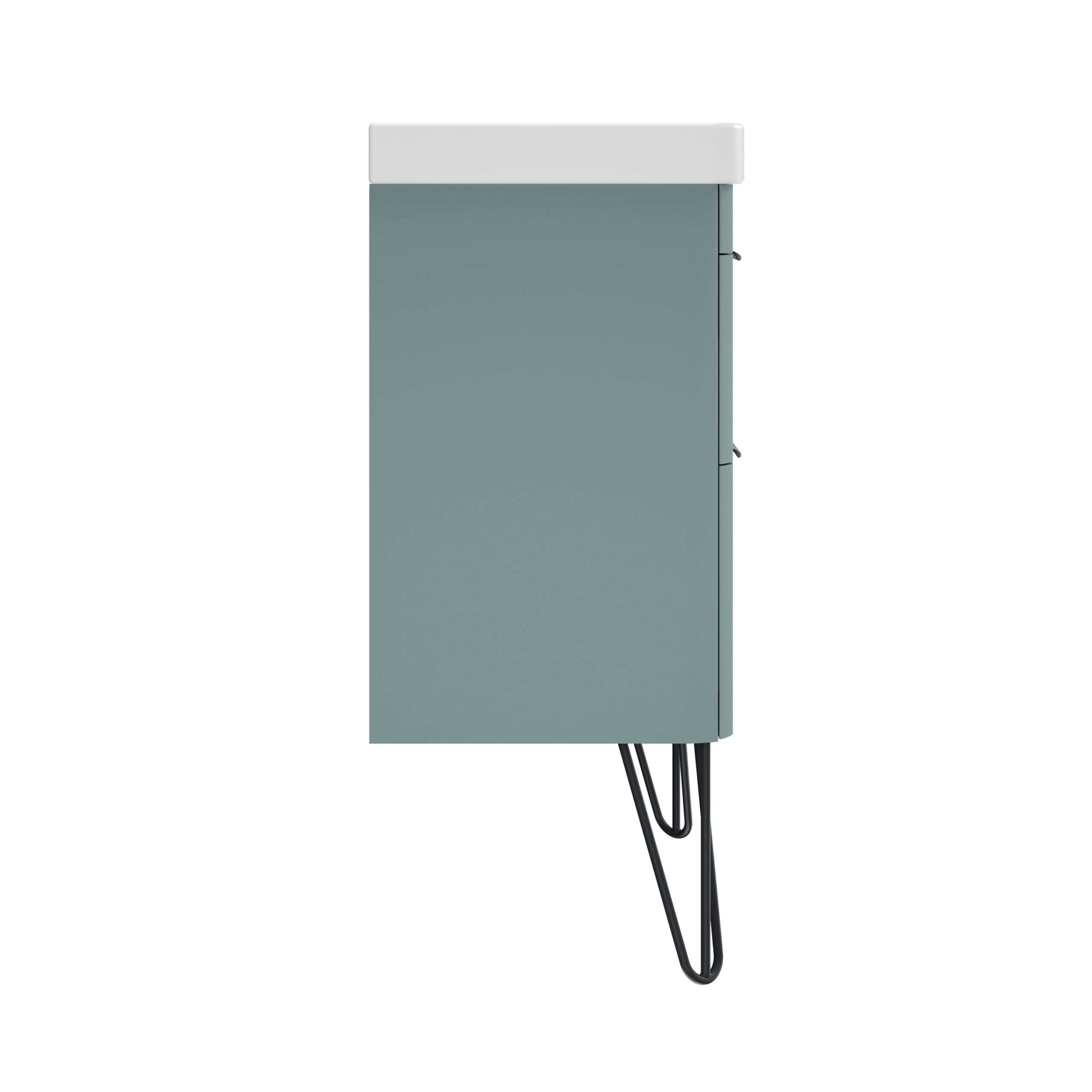 Modern grey bathroom cabinet with sleek design, white top, and black hairpin legs, ideal for contemporary bathroom storage solutions.