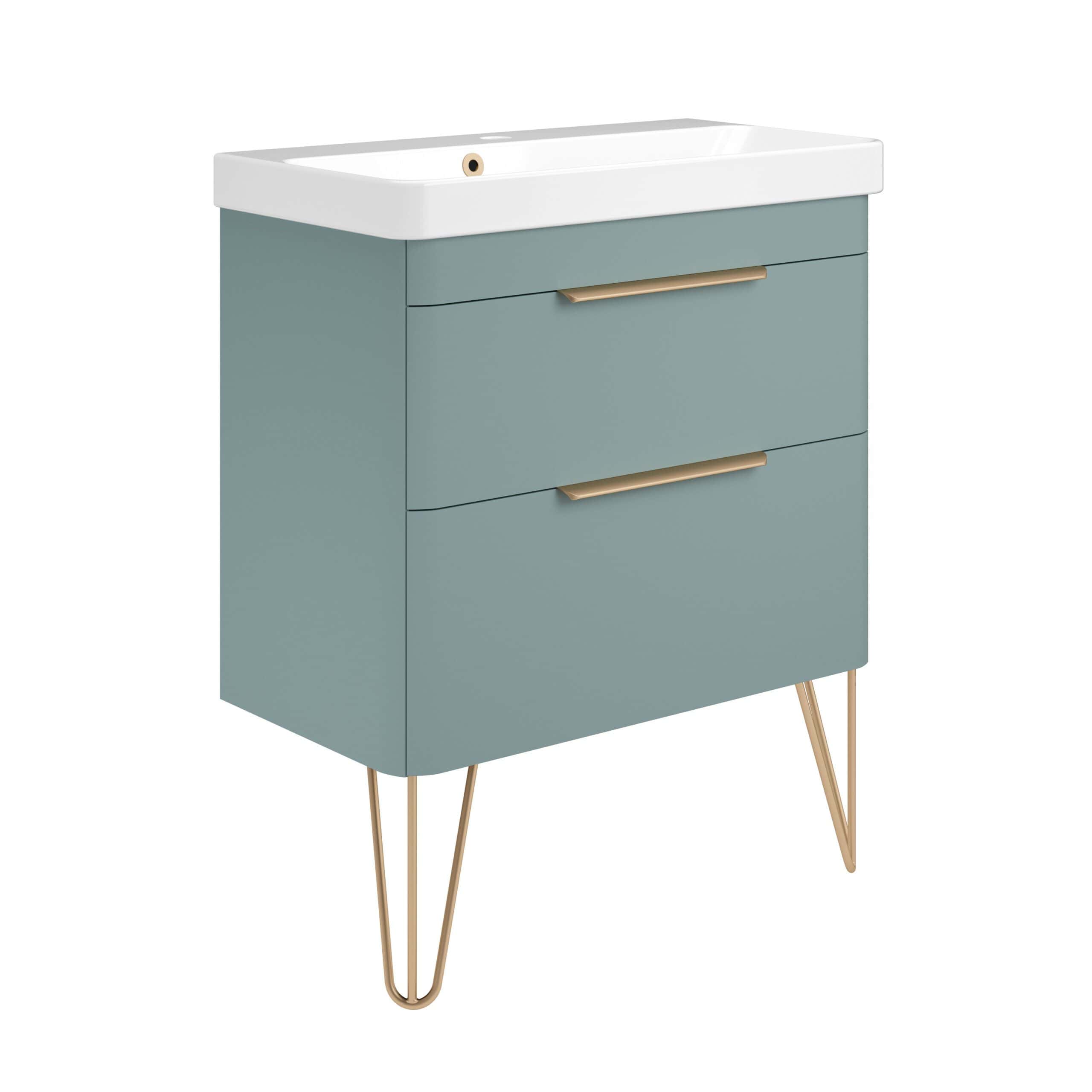 Sleek modern bathroom vanity with blue drawers, gold handles, and a white ceramic sink, optimal for stylish bathroom remodels and storage solutions.