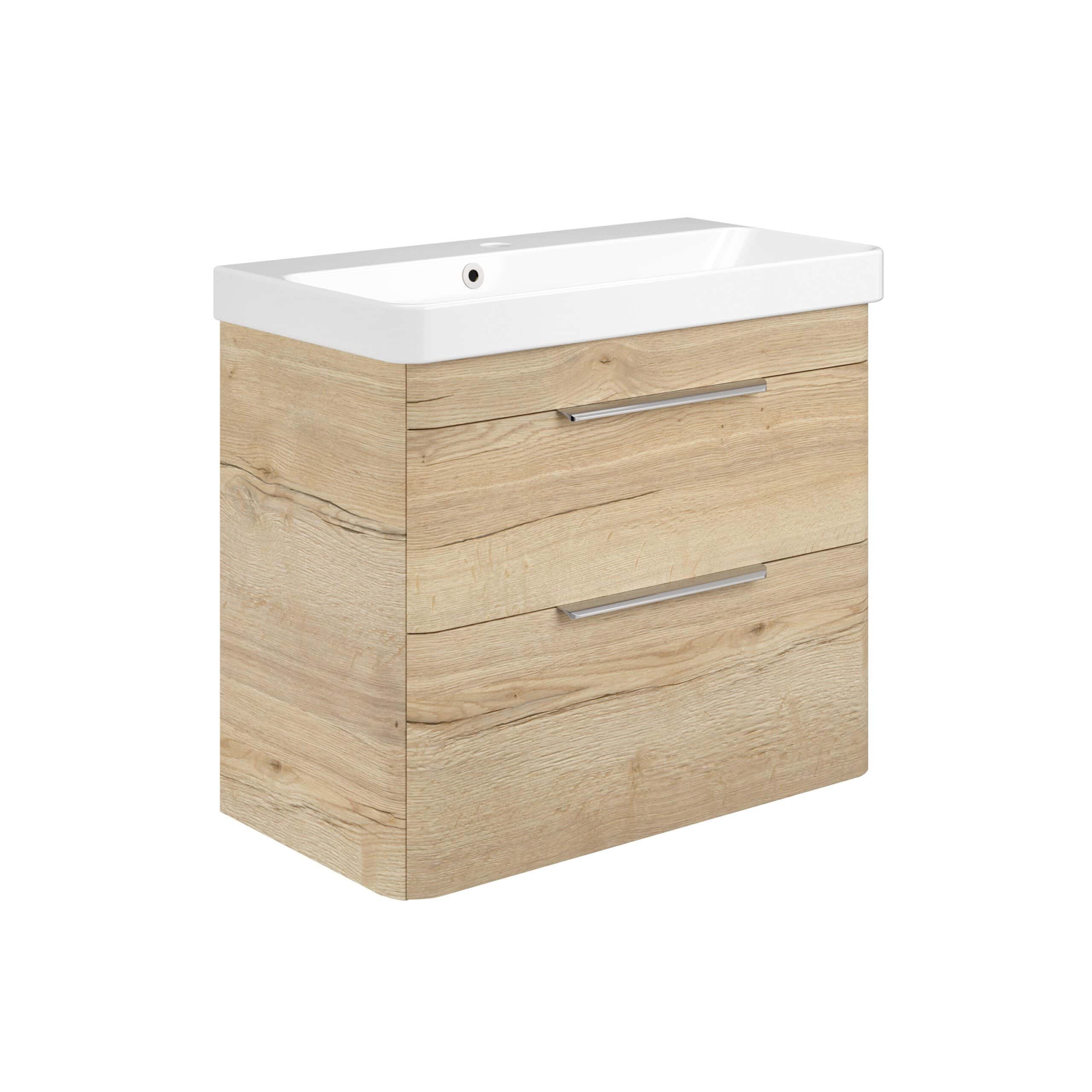Contemporary wooden bathroom vanity with integrated ceramic sink, featuring sleek silver handles and ample storage space, ideal for modern bathrooms.