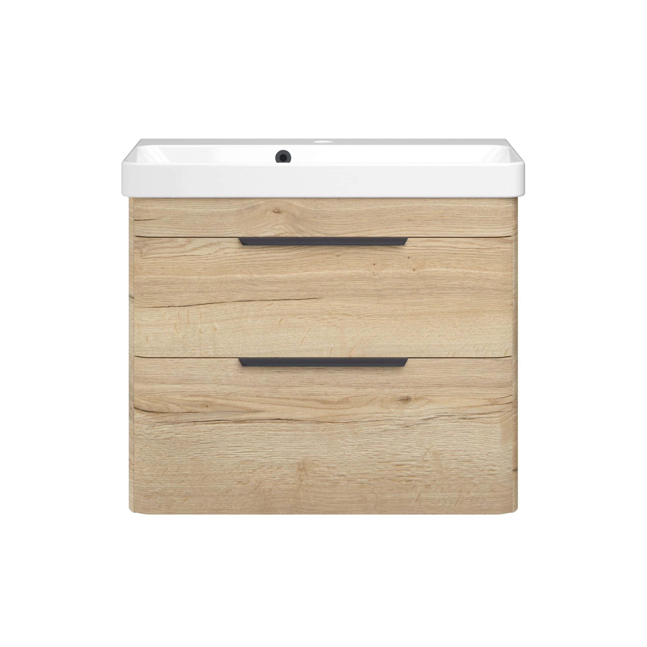 Natural wood bathroom vanity with integrated ceramic sink and black handles, designed for modern, stylish bathrooms. Durable and functional bathroom furniture with ample storage space.