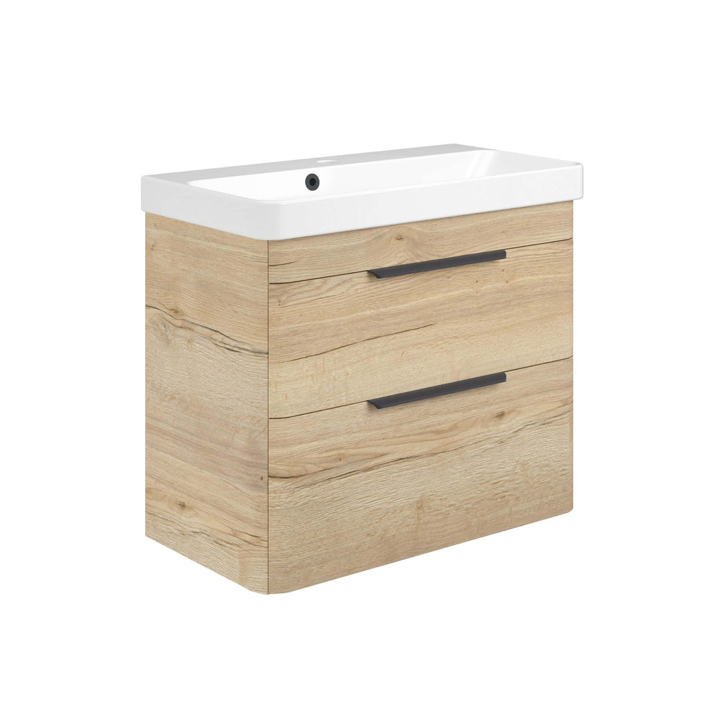 Contemporary wooden bathroom vanity with integrated sink, modern black handles, ideal for stylish and functional bathroom decoration in UK homes.