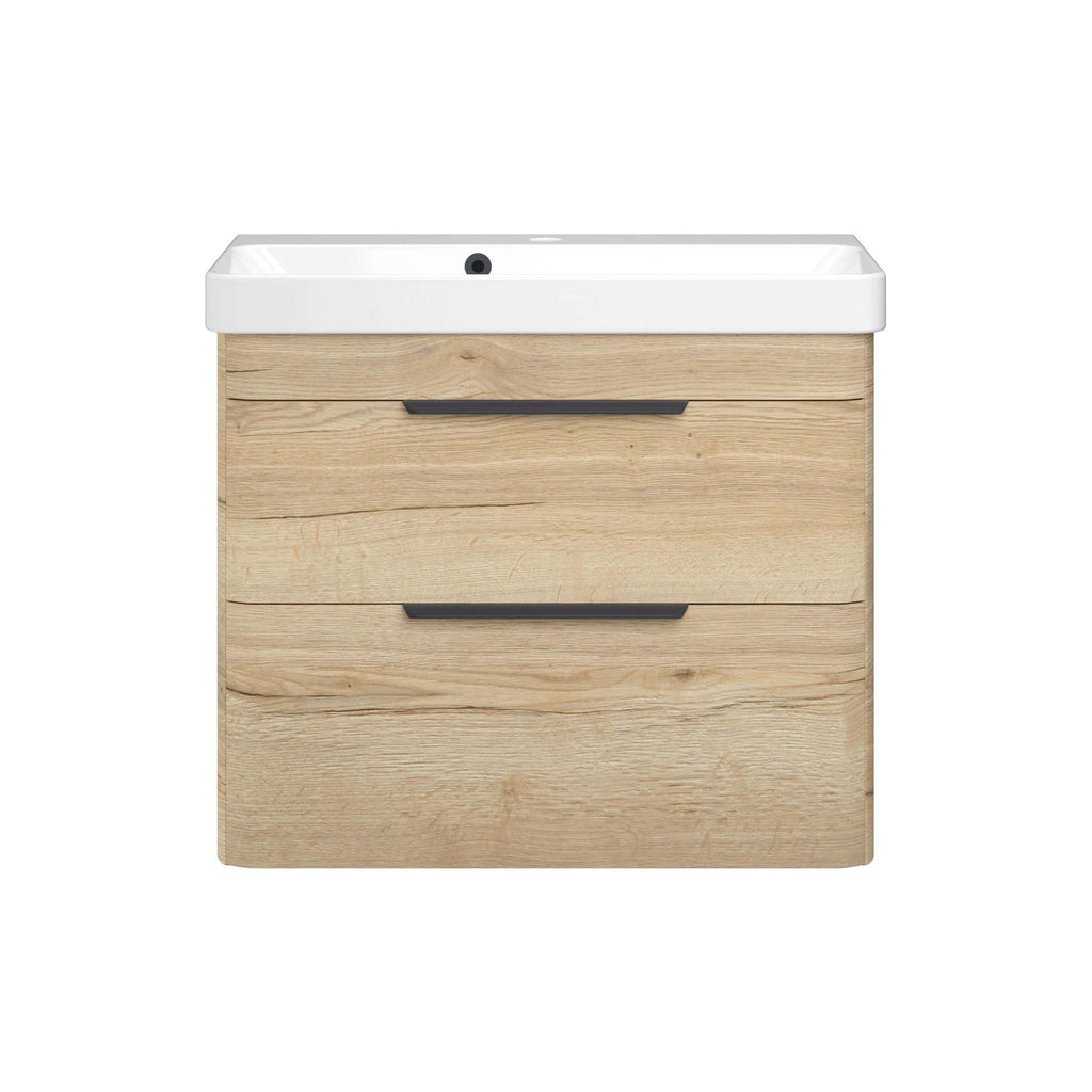 Modern wooden bathroom vanity with integrated sink and black handles, perfect for contemporary bathroom remodels. Crafted from natural timber with sleek, practical design.