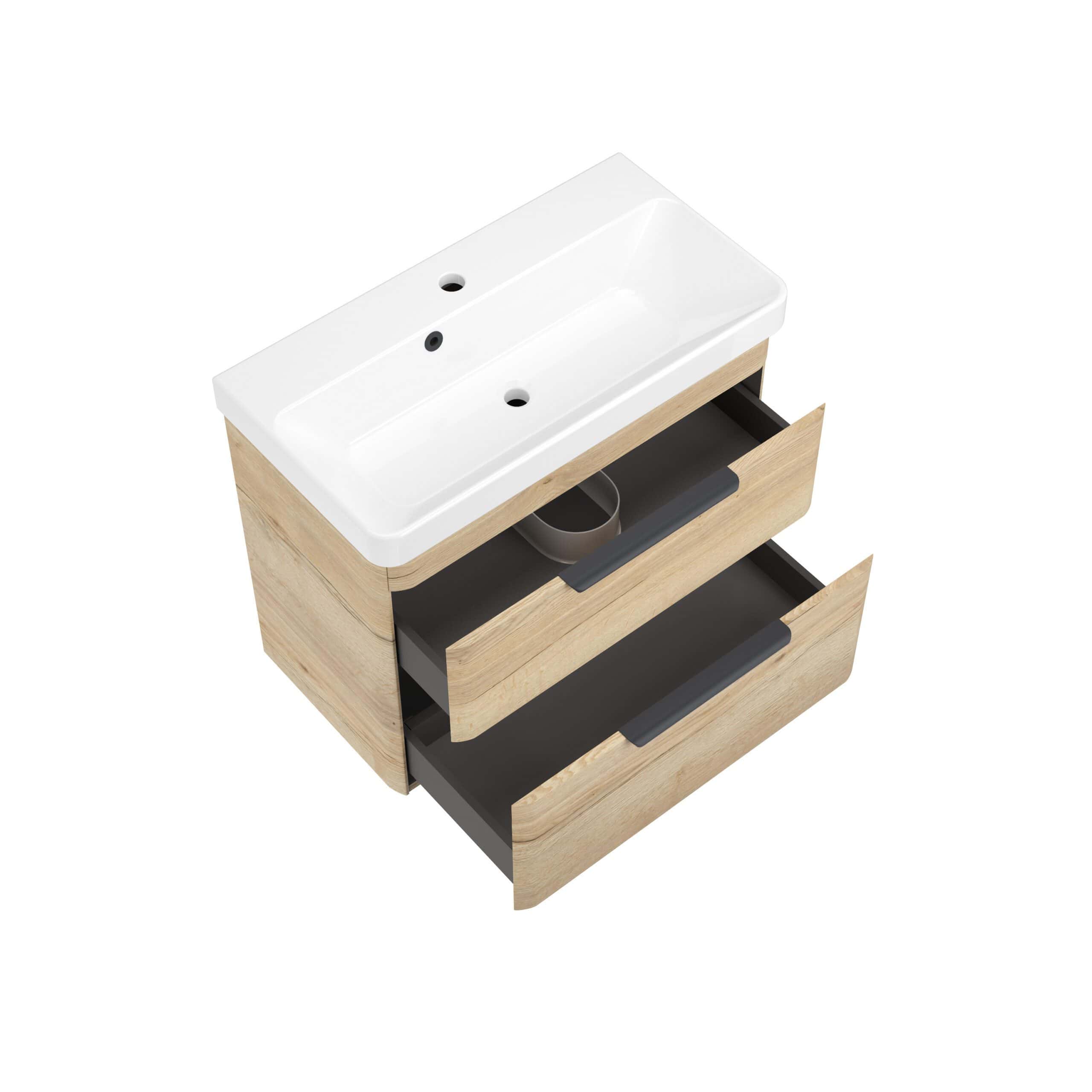 Sleek wooden bathroom vanity with dual drawers and a white ceramic sink, ideal for modern bathroom upgrades and storage solutions. Perfect for a contemporary bathroom design.