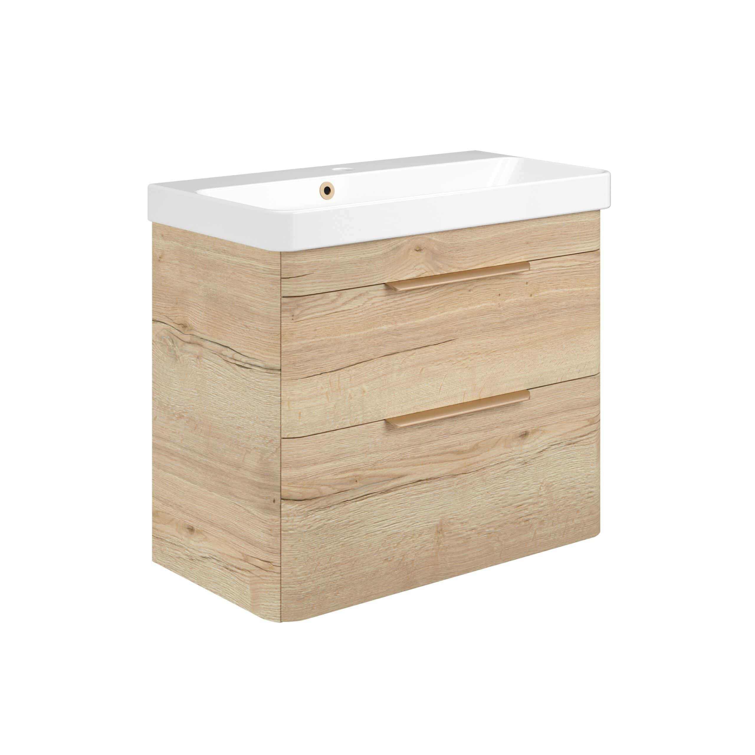 Sleek wooden bathroom vanity unit with integrated sink, featuring two spacious drawers and minimalist design for modern bathrooms. Perfect for storage and style.