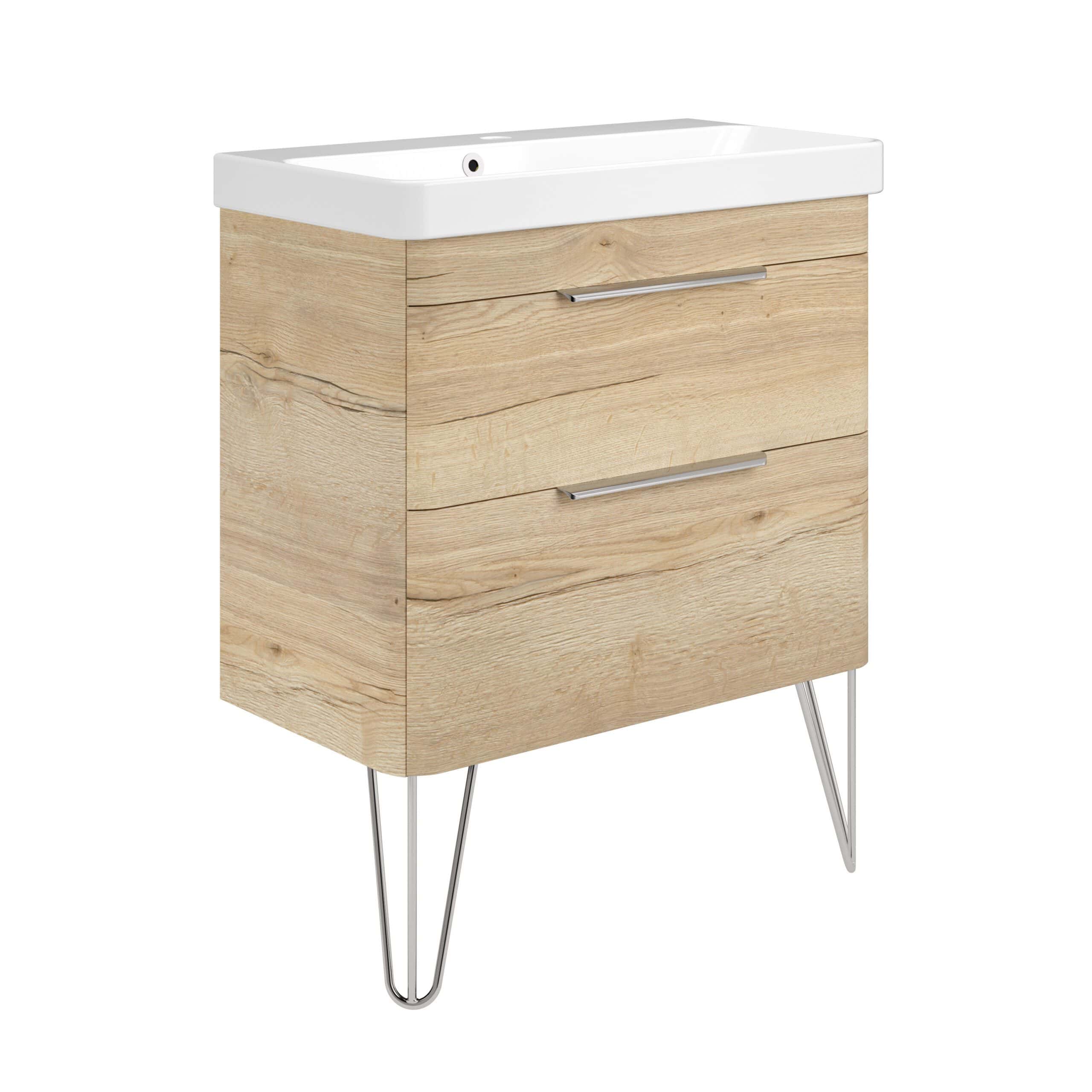 Contemporary wooden bathroom vanity unit with ceramic sink, sleek metal handles, and hairpin legs, offering functional storage and modern design for stylish bathroom interiors.