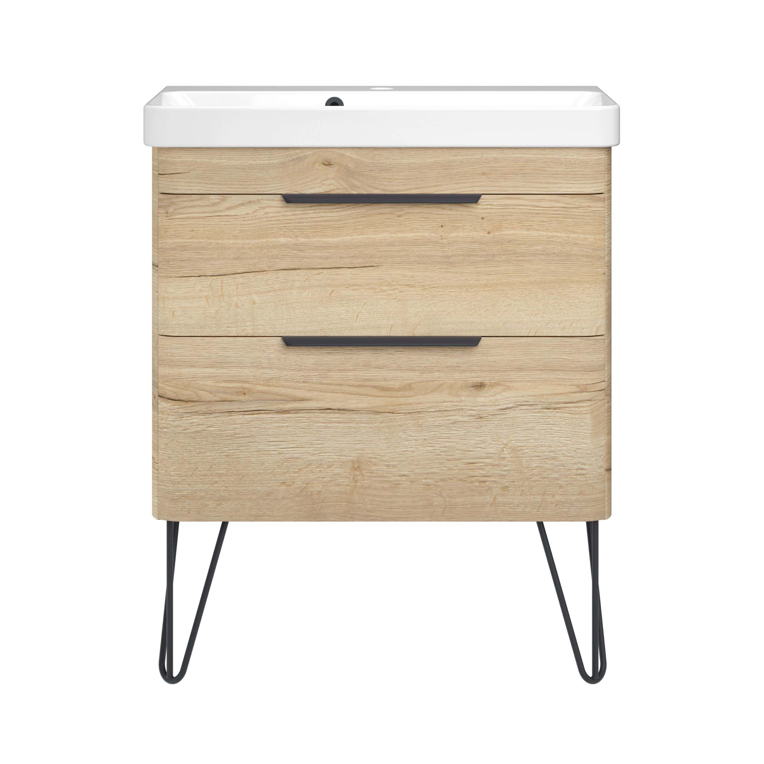 Sustainable wooden bathroom vanity with black metal handles and hairpin legs, designed for modern, stylish bathroom storage and washbasin installation. Ideal for contemporary bathroom decor.