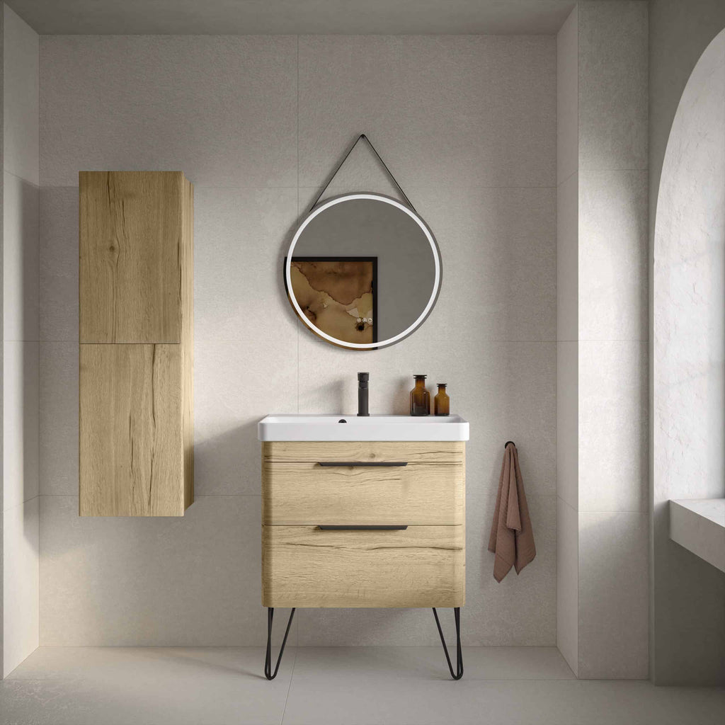 Modern bathroom vanity with natural wood finish, black hardware, and sleek mirror – perfect for contemporary Bubly Bathrooms designs.