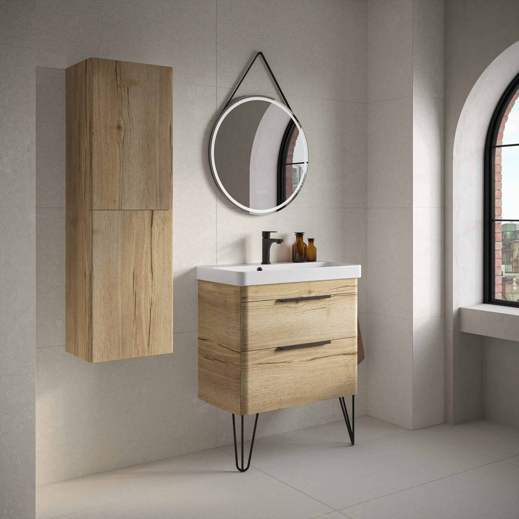 Sleek wooden bathroom vanity unit with white ceramic sink and modern black tap, mounted on stylish black metal hairpin legs, alongside a matching wooden wall cabinet in a modern bathroom.