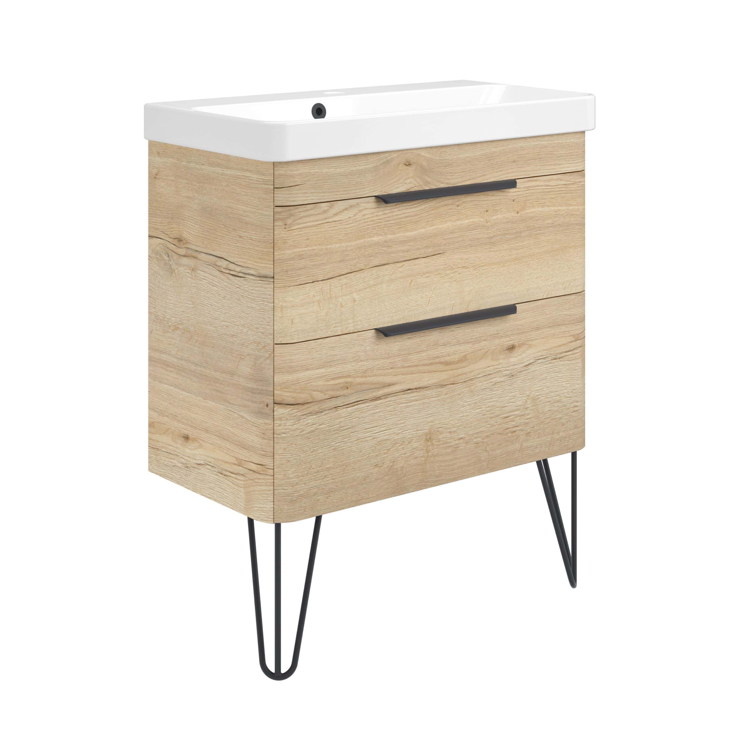 Sleek wooden bathroom vanity unit with white ceramic sink, modern black handles, and hairpin metal legs, perfect for contemporary bathroom decor.