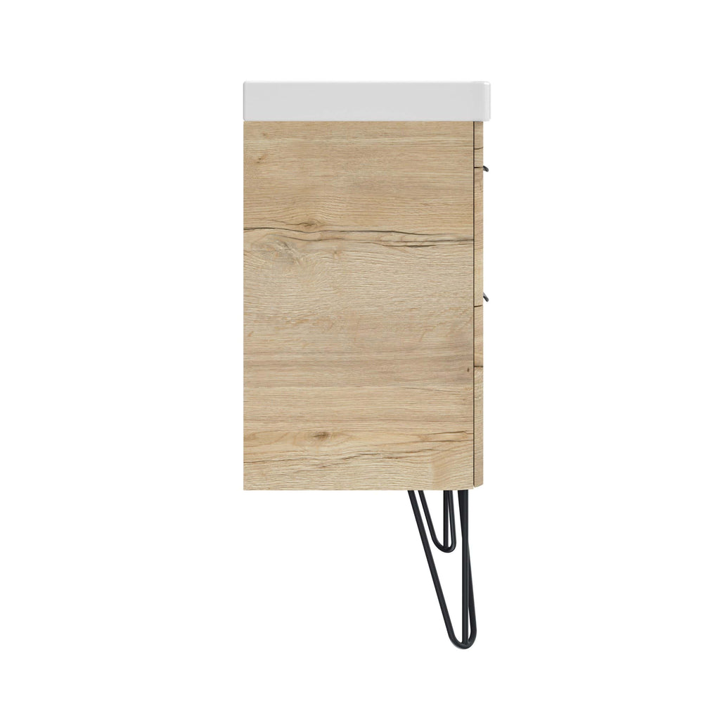 Shoe storage cabinet with natural wood finish and black metal hairpin legs for stylish bathroom organisation. Modern, space-saving design ideal for contemporary bathrooms.