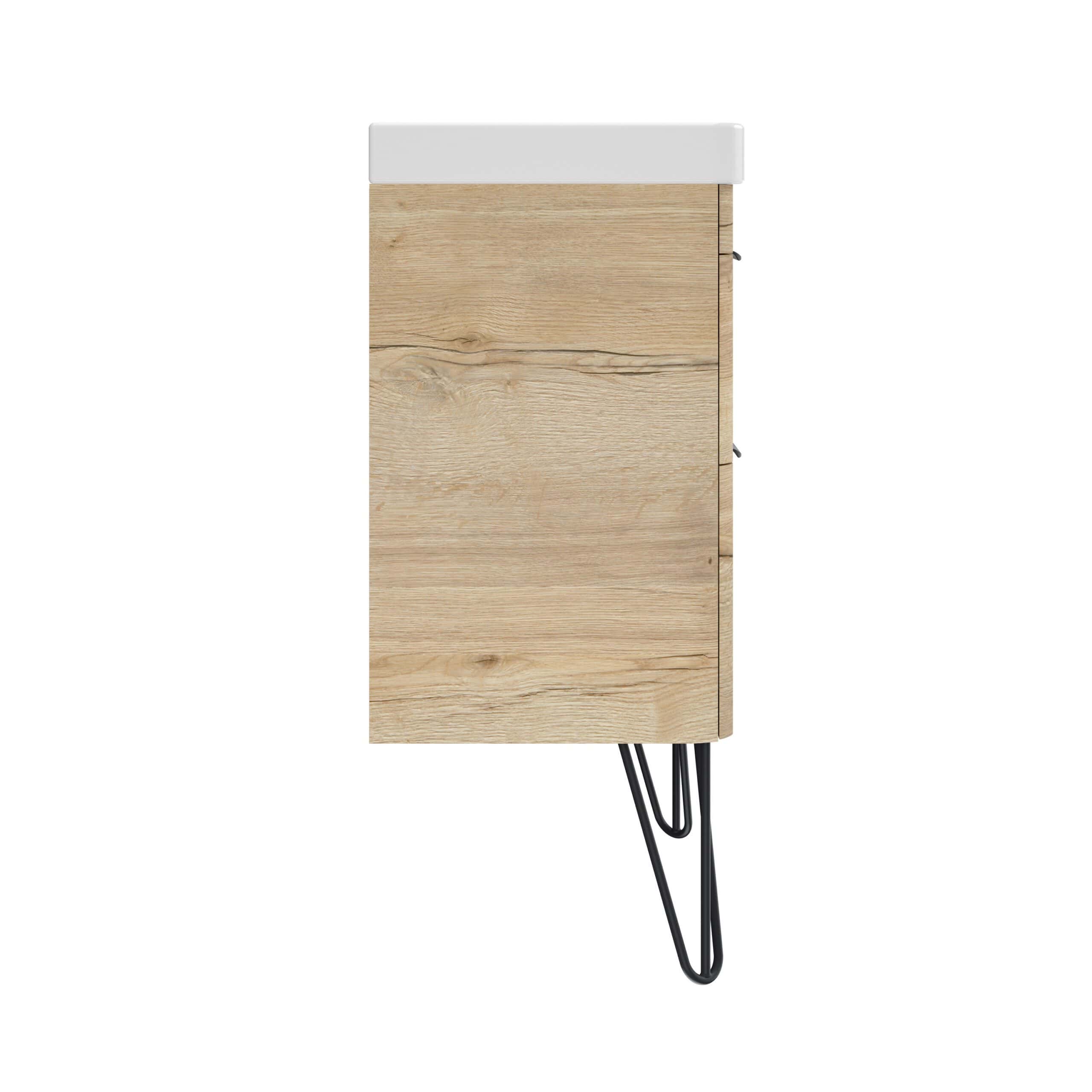 Shoe storage cabinet with natural wood finish and black metal hairpin legs for stylish bathroom organisation. Modern, space-saving design ideal for contemporary bathrooms.