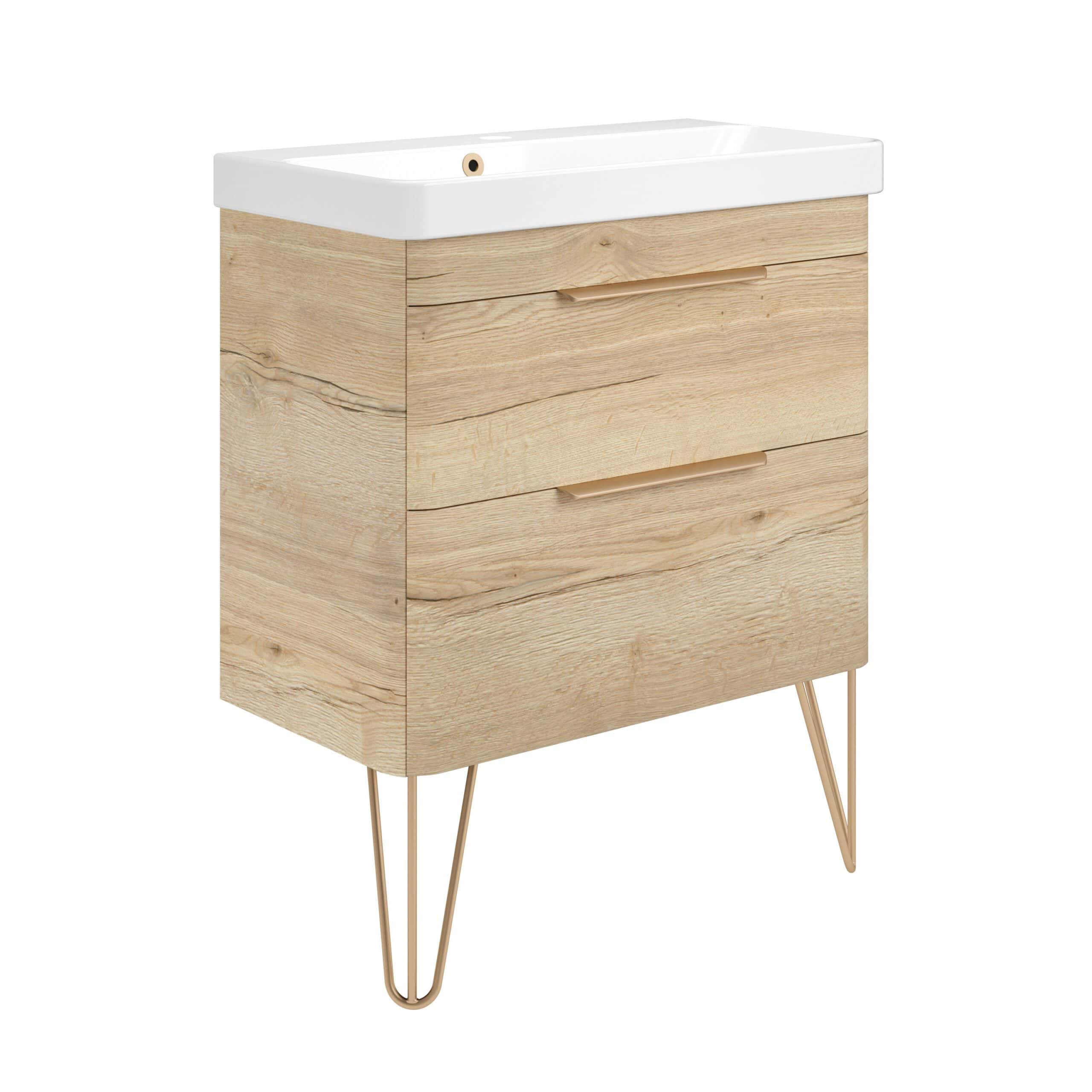 Modern wooden bathroom vanity with sleek drawers and natural finish, suitable for contemporary bathroom interiors. Features a stylish, minimalist design with hairpin legs for added aesthetic appeal.