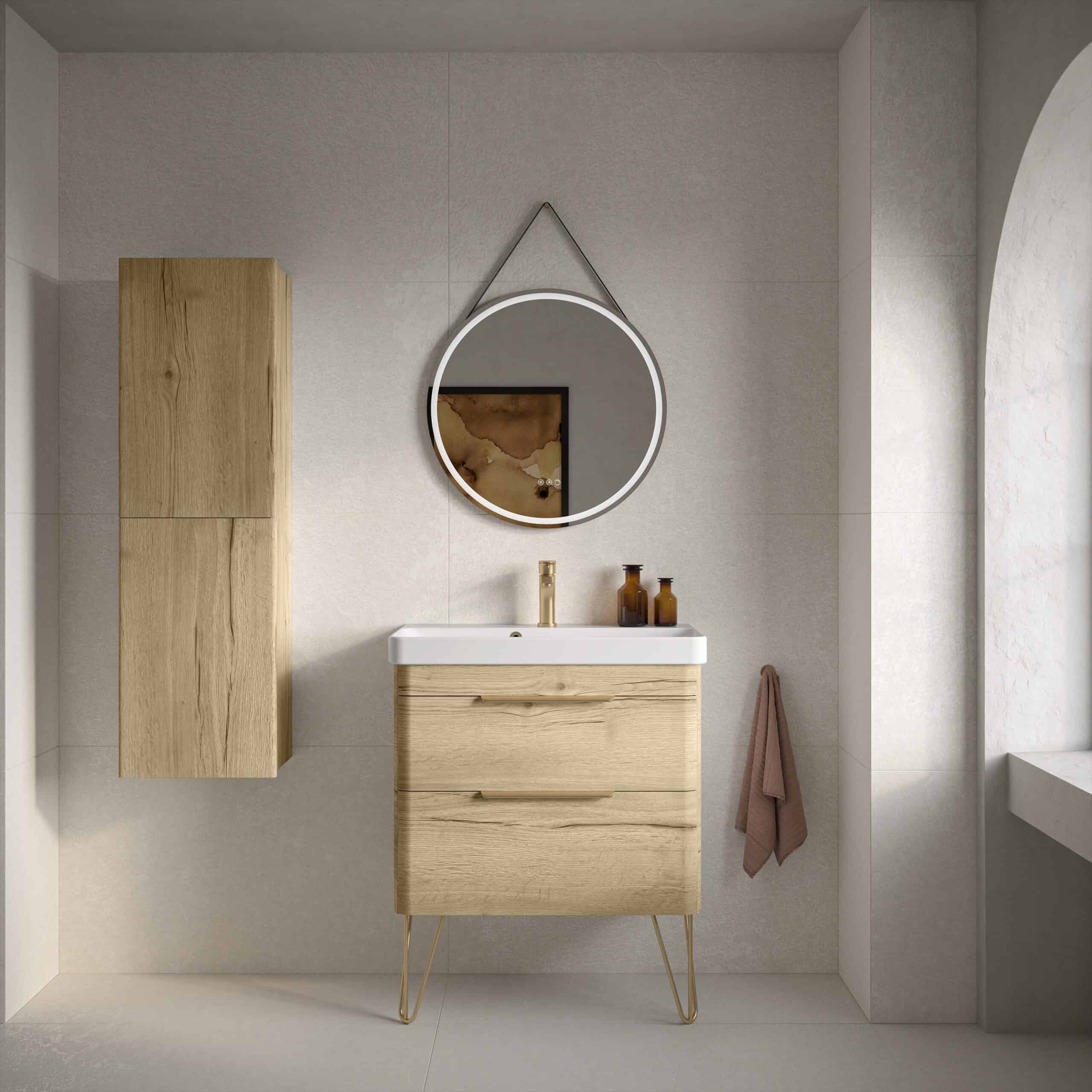 Modern bathroom vanity with natural wood finish and sleek design elements, including a round mirror and minimalist decor, perfect for contemporary Bubly bathrooms.