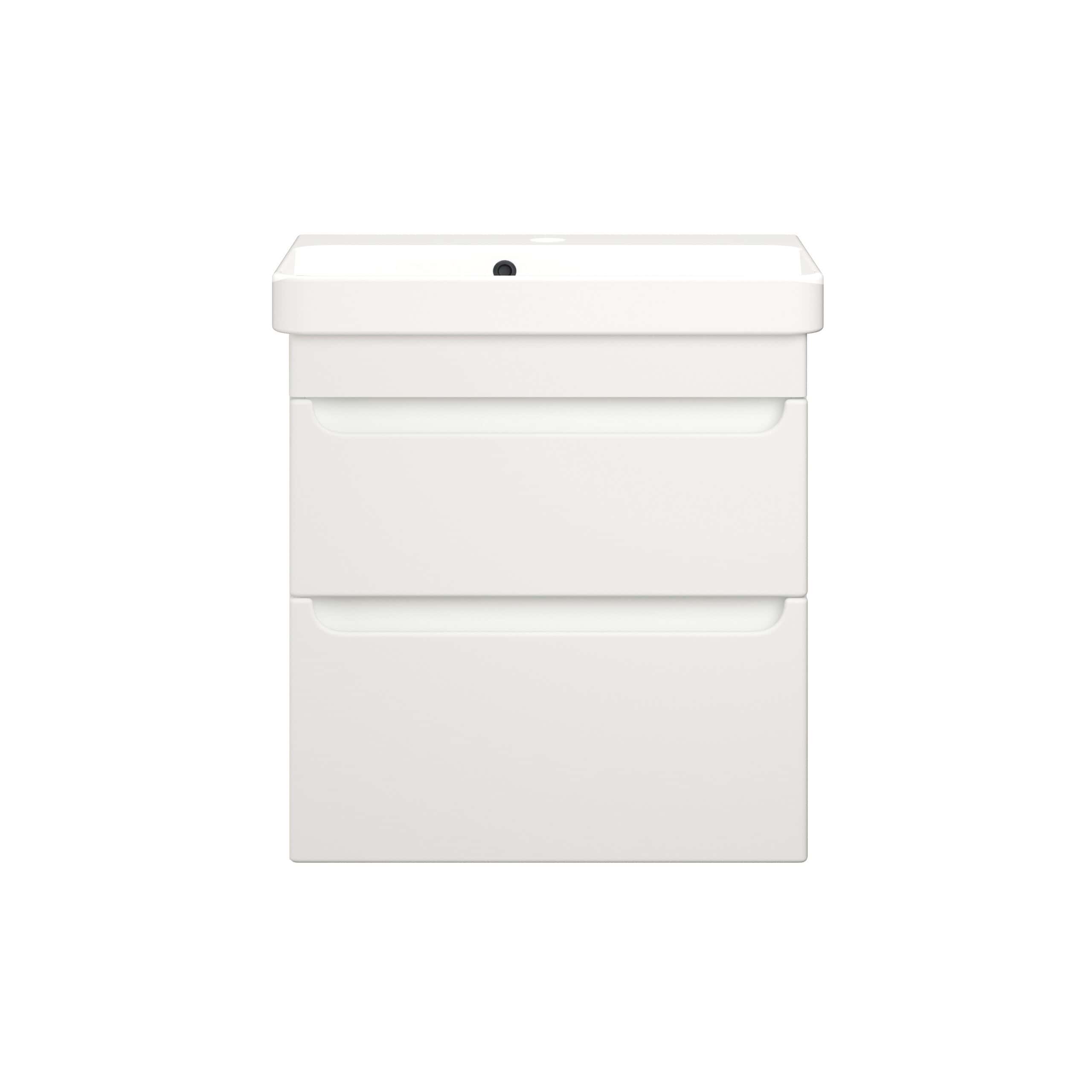 White bathroom vanity with sleek drawers and built-in sink by Bubly Bathrooms. Modern, minimal design ideal for contemporary bathrooms and storage solutions.