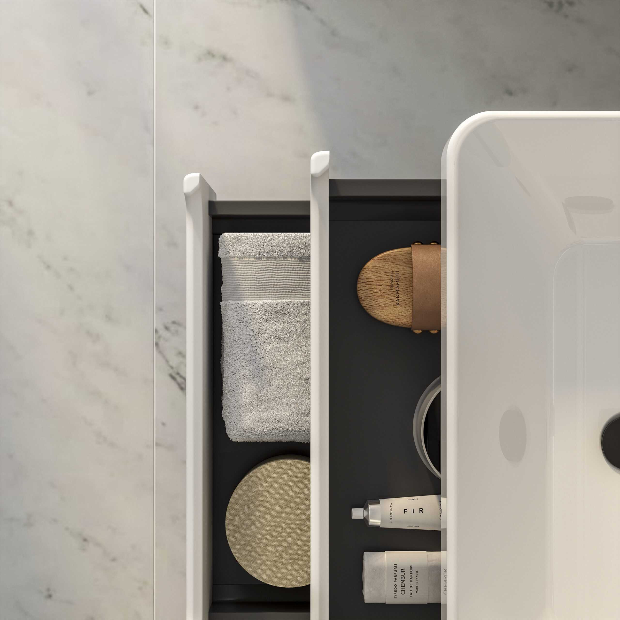 Sleek bathroom storage drawer with neatly organised towels, toiletries, and accessories, designed for modern bathrooms by Bubly Bathrooms.