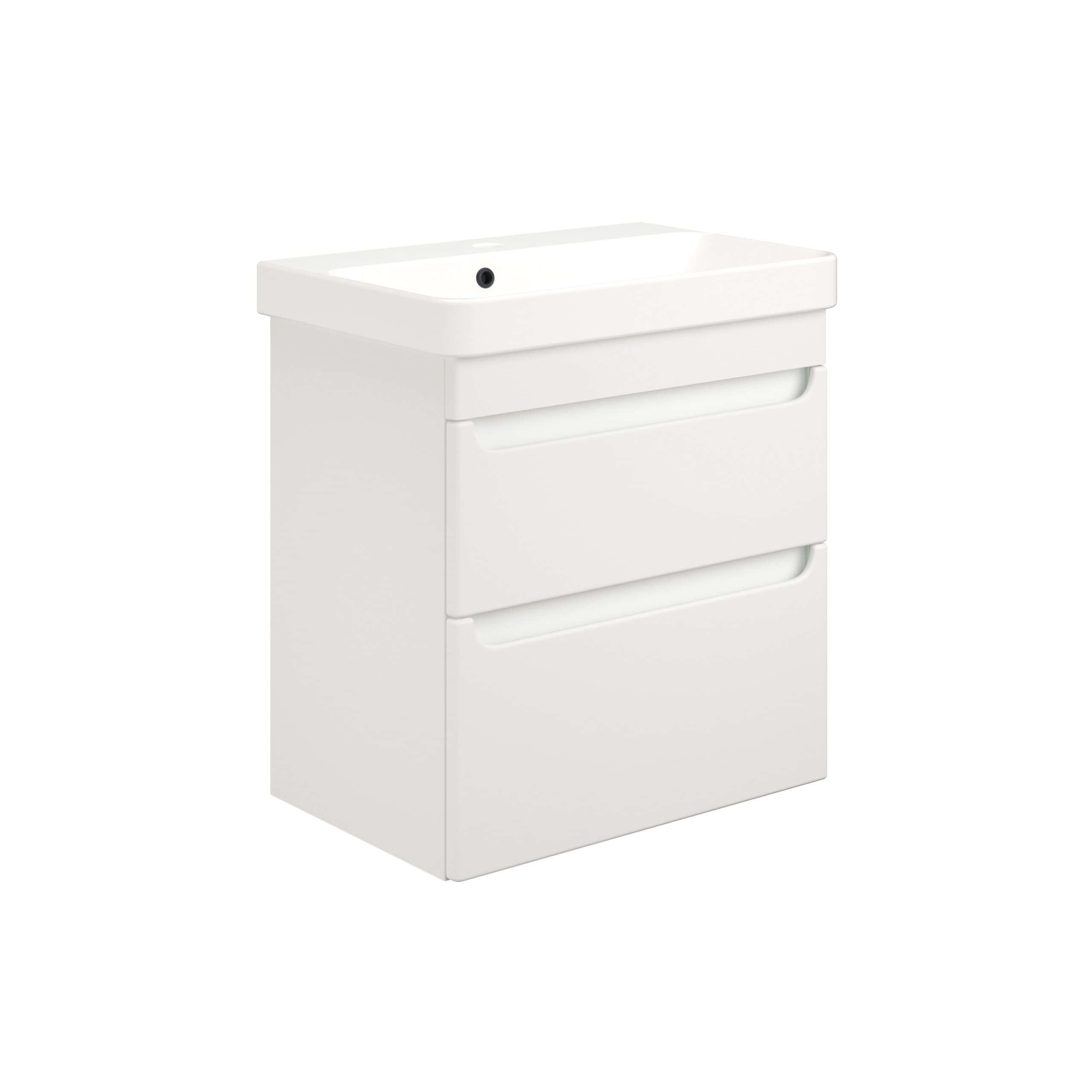 Sleek white bathroom vanity unit with integrated basin, modern storage drawers for a contemporary bathroom design. Durable, space-saving furniture perfect for stylish and functional bathroom organisation.