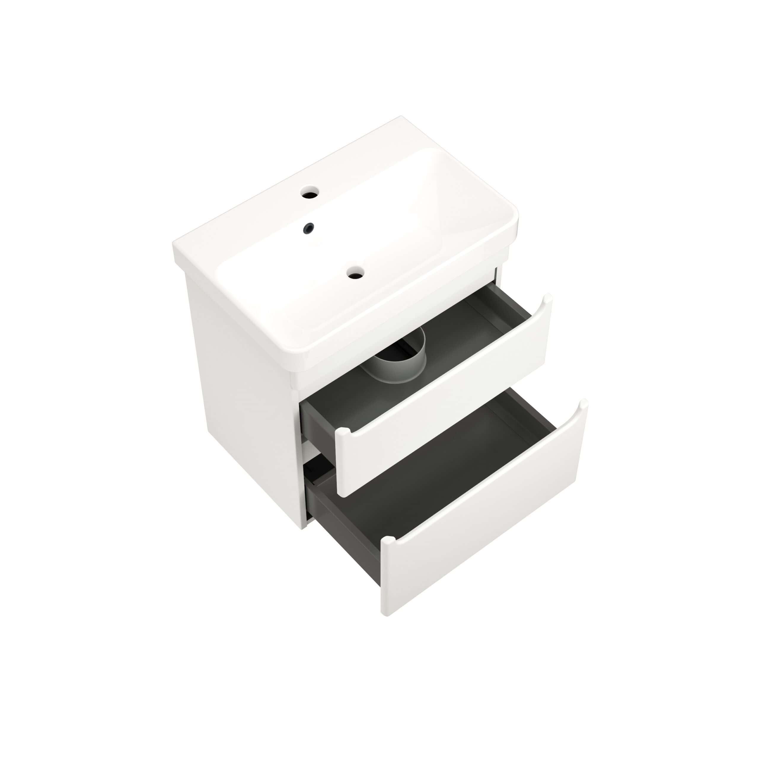 White bathroom vanity unit with integrated sink and two open drawers for bathroom storage. Modern design perfect for contemporary bathroom renovations.