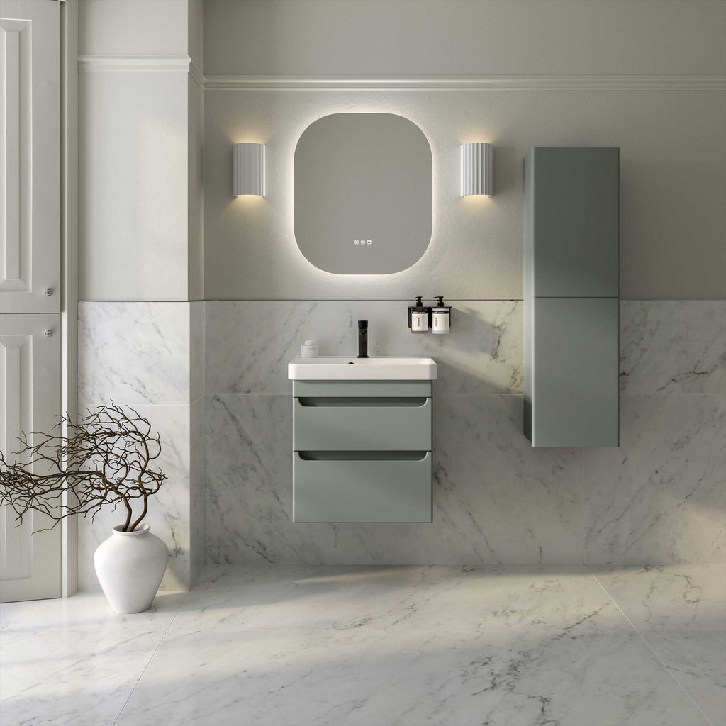 Sleek modern bathroom vanity with a minimalist design, wall-mounted mirror with backlit LED lighting, and neutral colour palette featuring grey cabinetry and marble accents for a contemporary look.
