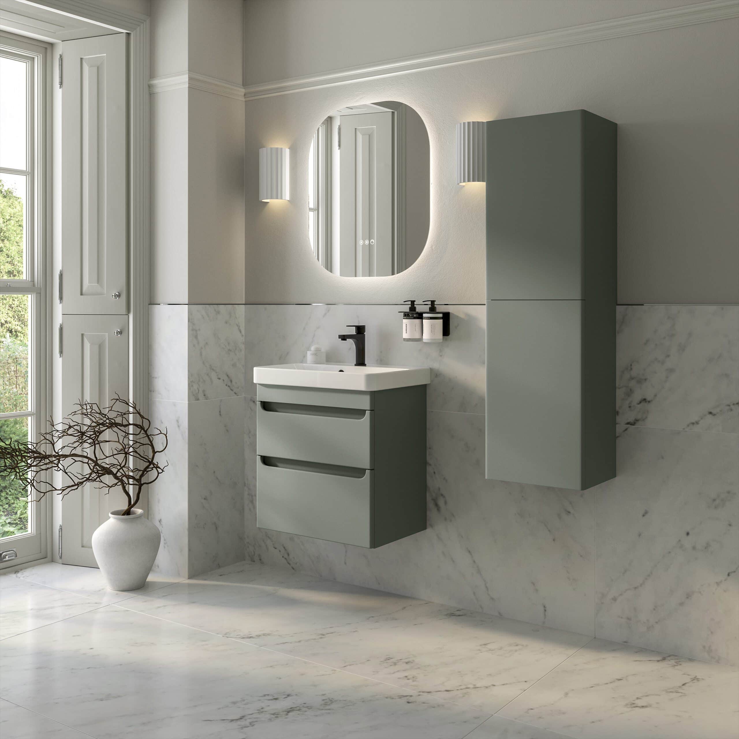 Modern grey bathroom vanity unit with integrated sink, wall-mounted storage cabinet, marble wall and floor tiles, and sleek black fixtures for a contemporary bathroom look.