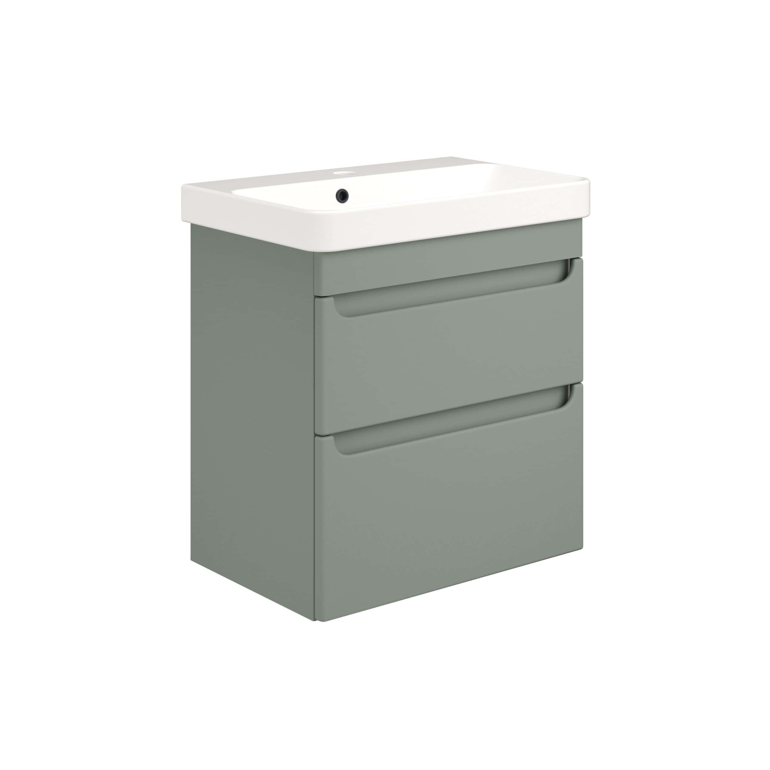 Modern grey bathroom vanity unit with integrated white ceramic sink, ideal for sleek and functional bathroom storage and organisation.