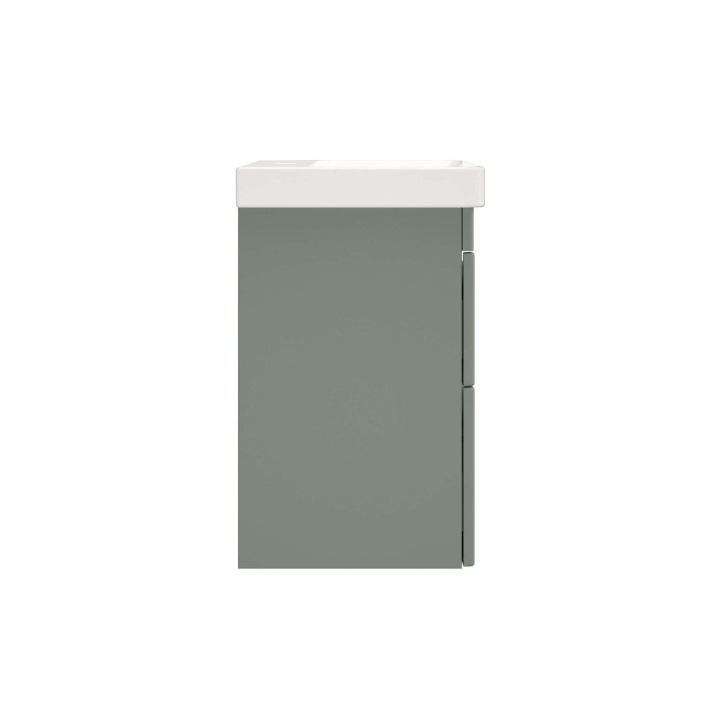 Minimalist bathroom vanity with integrated ceramic sink in soft grey and white, perfect for modern bathroom designs, offering stylish storage and functional elegance.