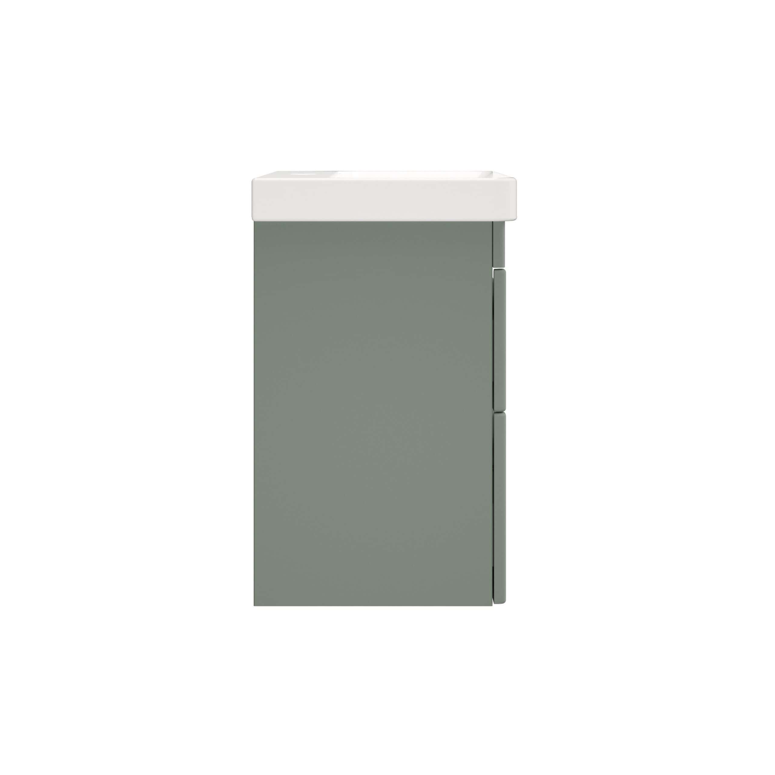 Minimalist bathroom vanity with integrated ceramic sink in soft grey and white, perfect for modern bathroom designs, offering stylish storage and functional elegance.