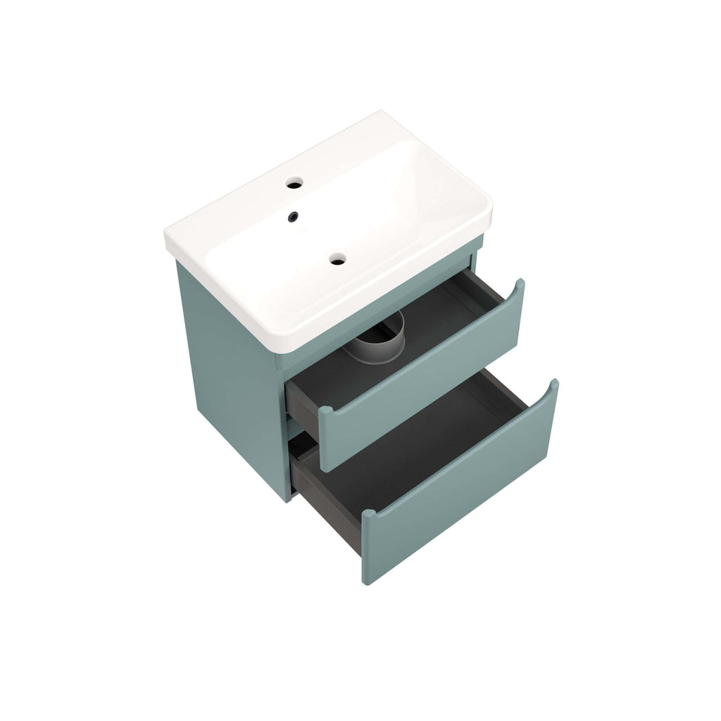 Sleek modern bathroom vanity with a white ceramic sink and spacious storage drawers in soft blue finish, designed for contemporary bathroom interiors.
