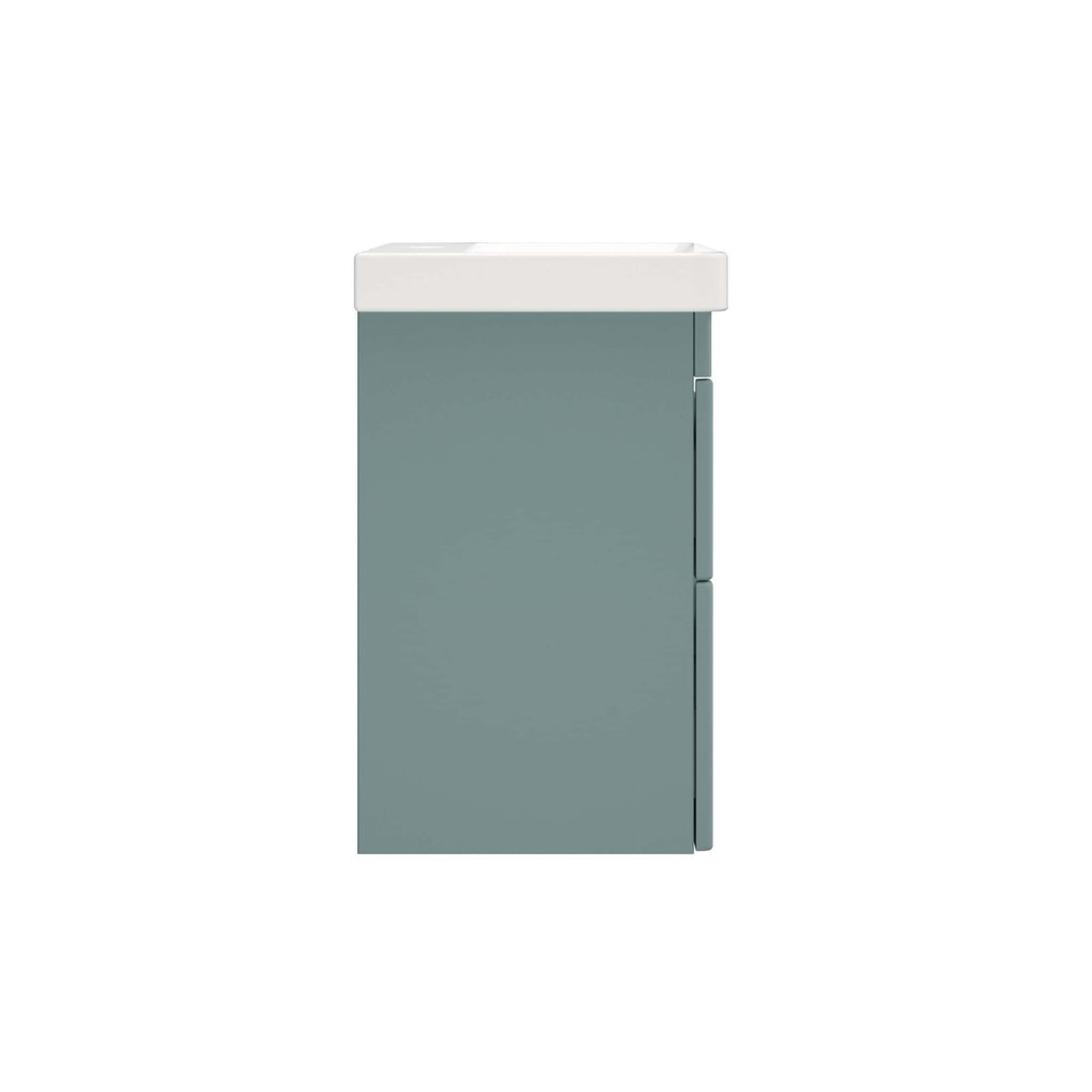 Sleek modern bathroom vanity unit with integrated sink in soft grey, ideal for contemporary bathroom design and efficient space utilisation. Perfect for stylish and practical bathroom storage solutions.