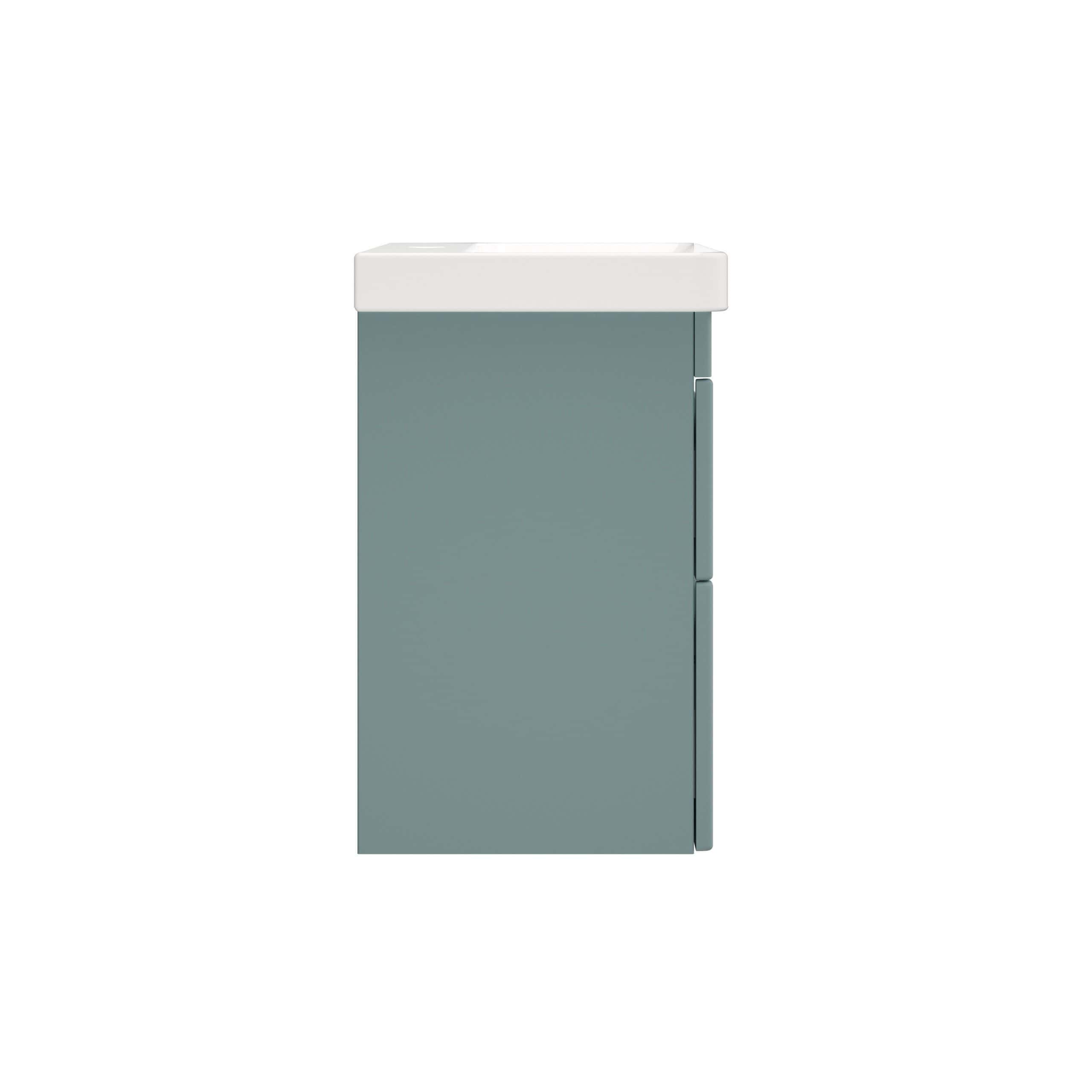 Sleek modern bathroom vanity unit with integrated sink in soft grey, ideal for contemporary bathroom design and efficient space utilisation. Perfect for stylish and practical bathroom storage solutions.