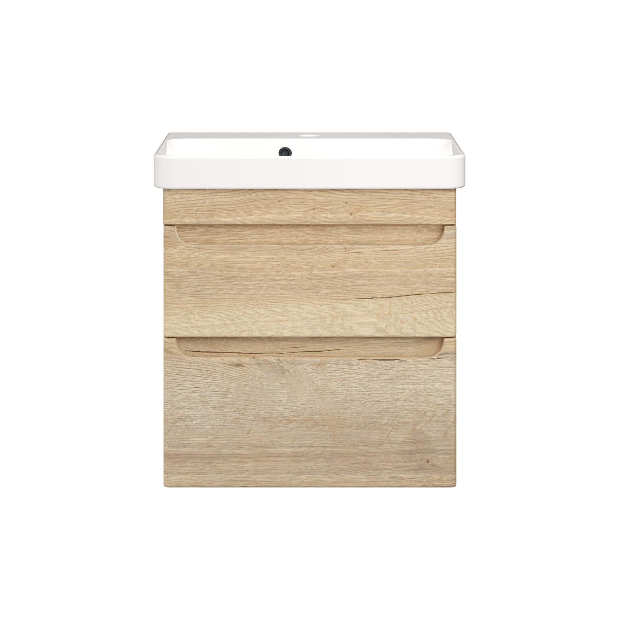 Sustainable wooden bathroom vanity with integrated ceramic sink, modern design, ideal for contemporary ensuite or guest bathrooms, crafted from light wood with sleek storage drawers.