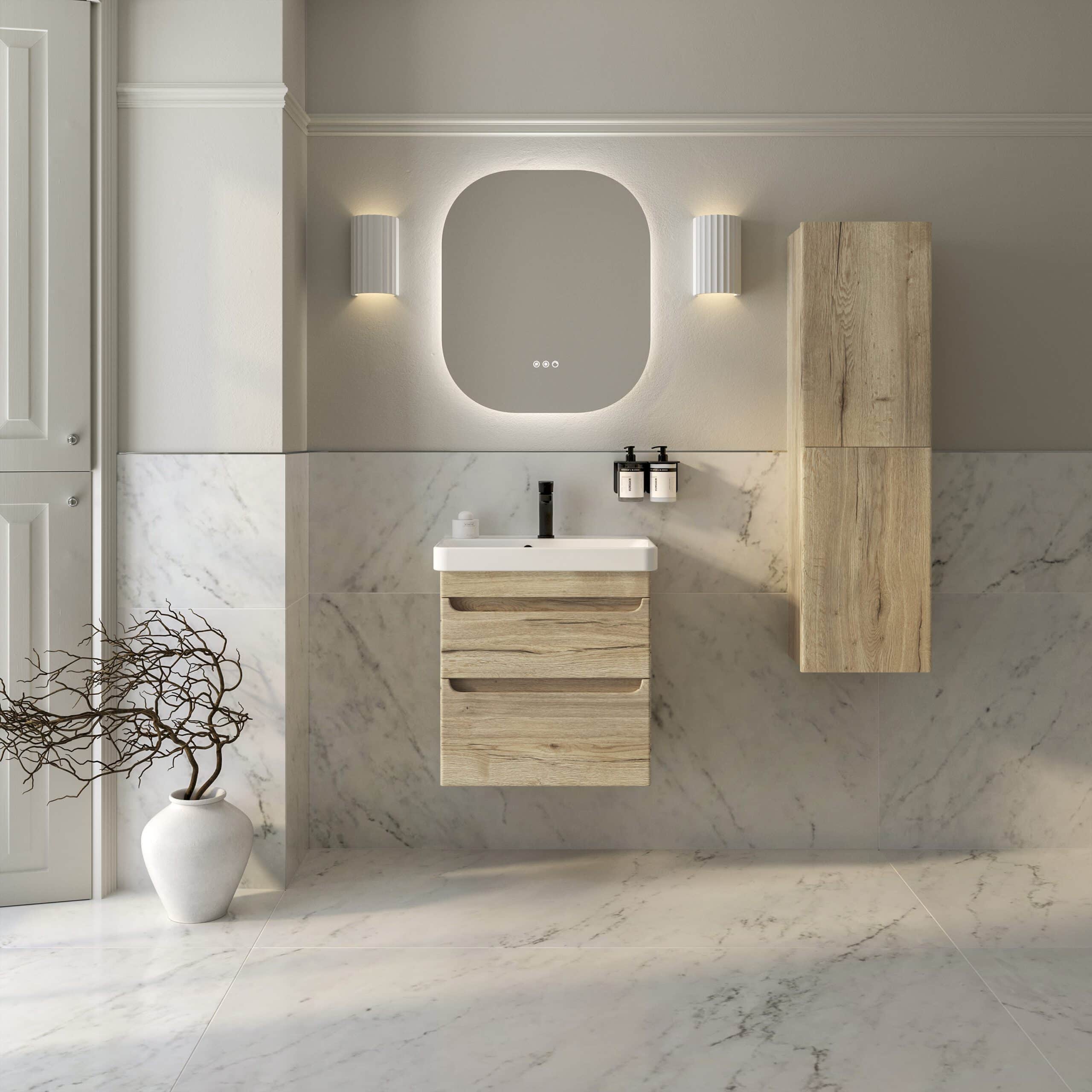 Modern minimalist bathroom with wooden vanity unit, wall-mounted cabinet, and marble tiles, showcasing contemporary design and luxury bathroom fixtures.