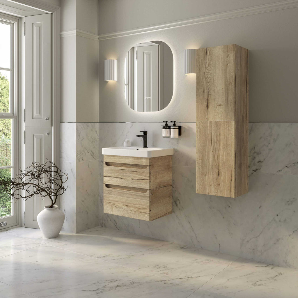 Contemporary bathroom with wooden vanity unit, wall-mounted storage cabinet, and modern mirror, featuring natural wood finishes and marble accents for a stylish, minimalist bathroom design.