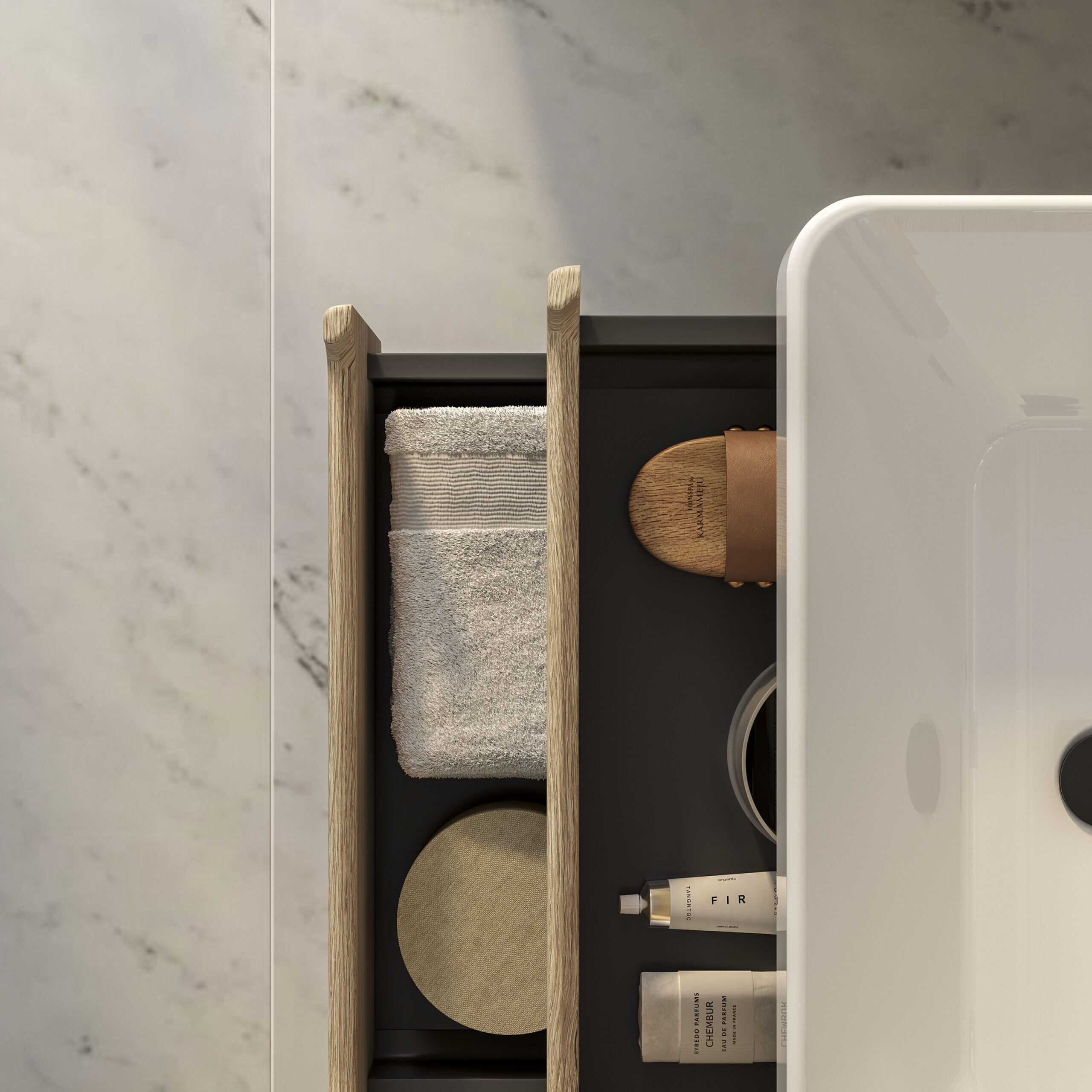 Minimalist bathroom storage with wooden accents and elegant organisation. ideal for modern bathroom design, featuring towels, skincare products, and accessories for a clean and stylish look.