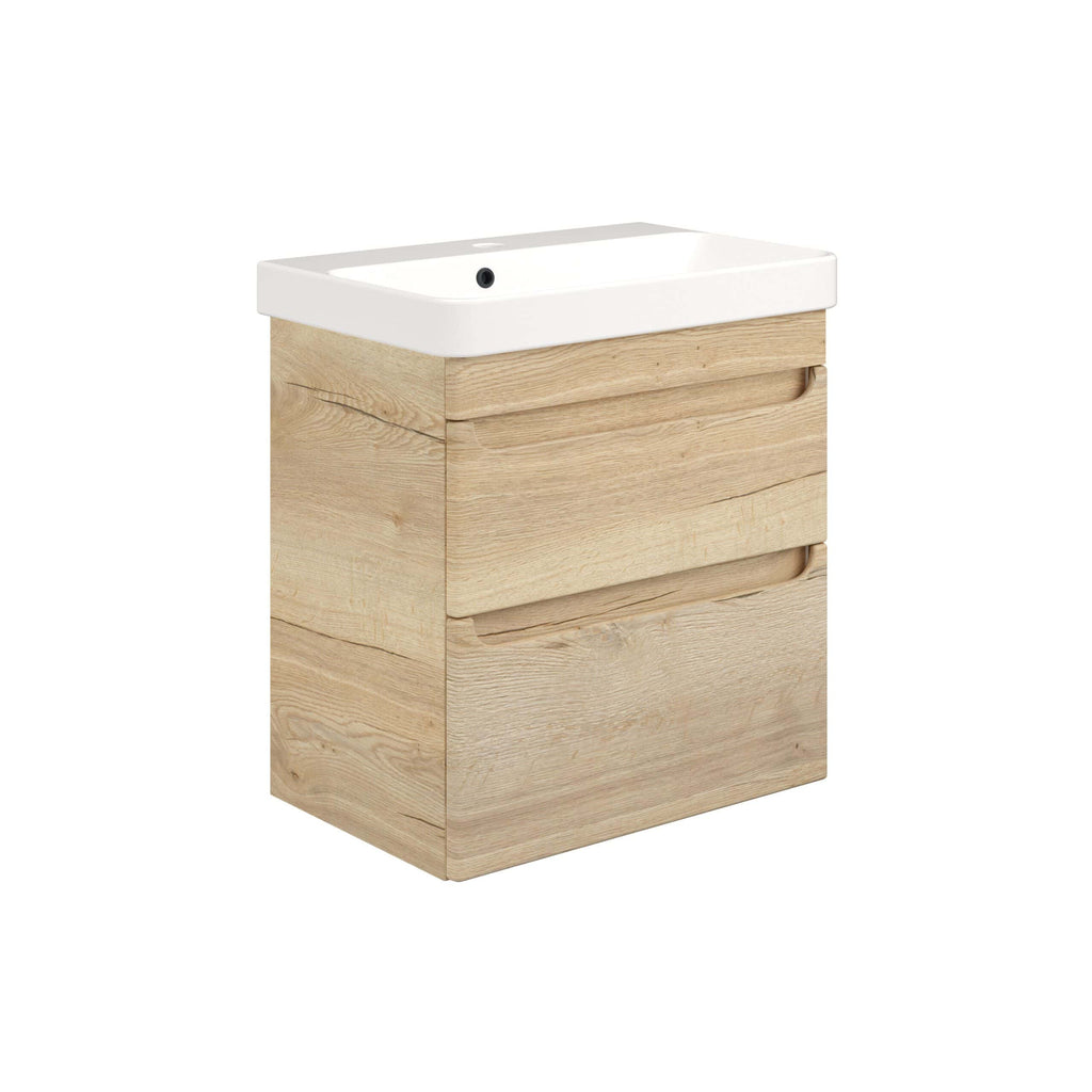 Natural wood bathroom vanity with integrated white ceramic sink, modern design, soft-close drawers, ideal for contemporary bathrooms, blending style and functionality.