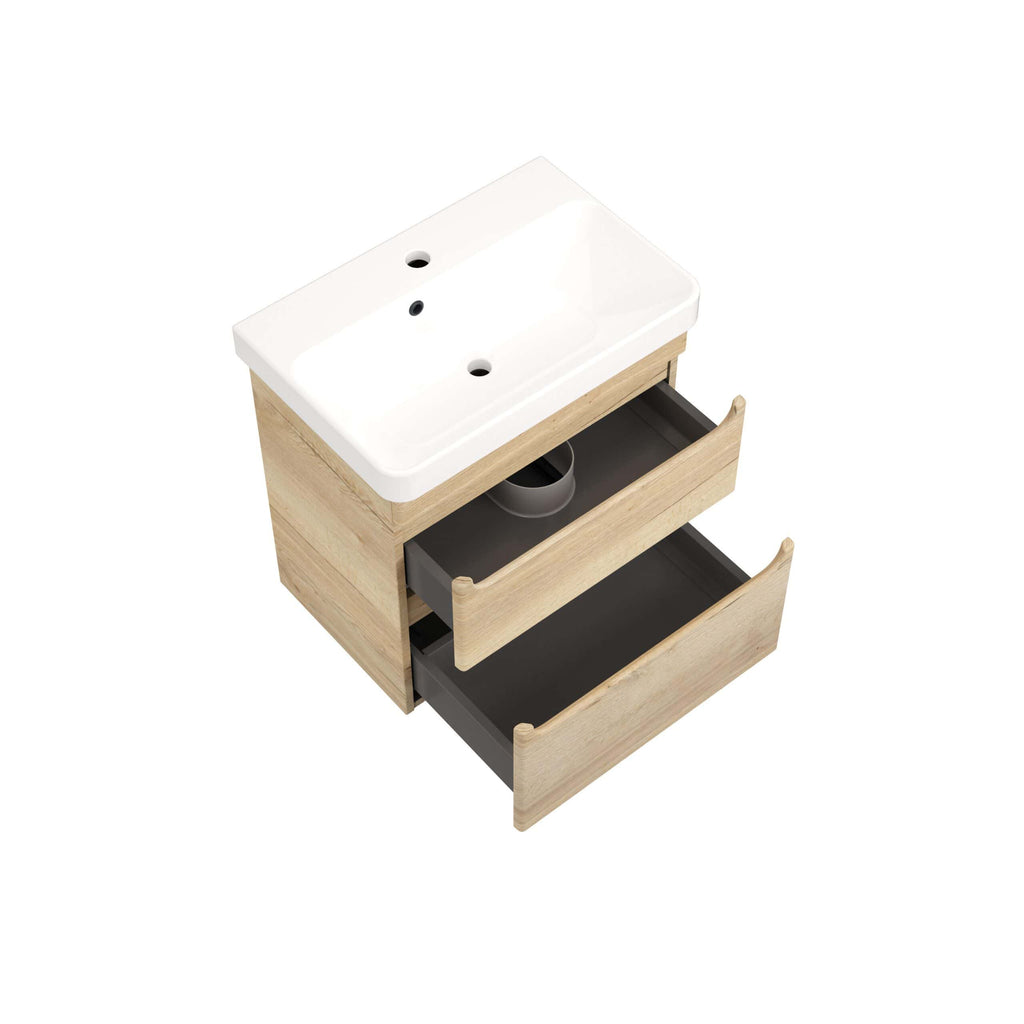 Modern wooden bathroom vanity with integrated ceramic sink and open storage drawers, ideal for contemporary bathroom designs and practical organisation.