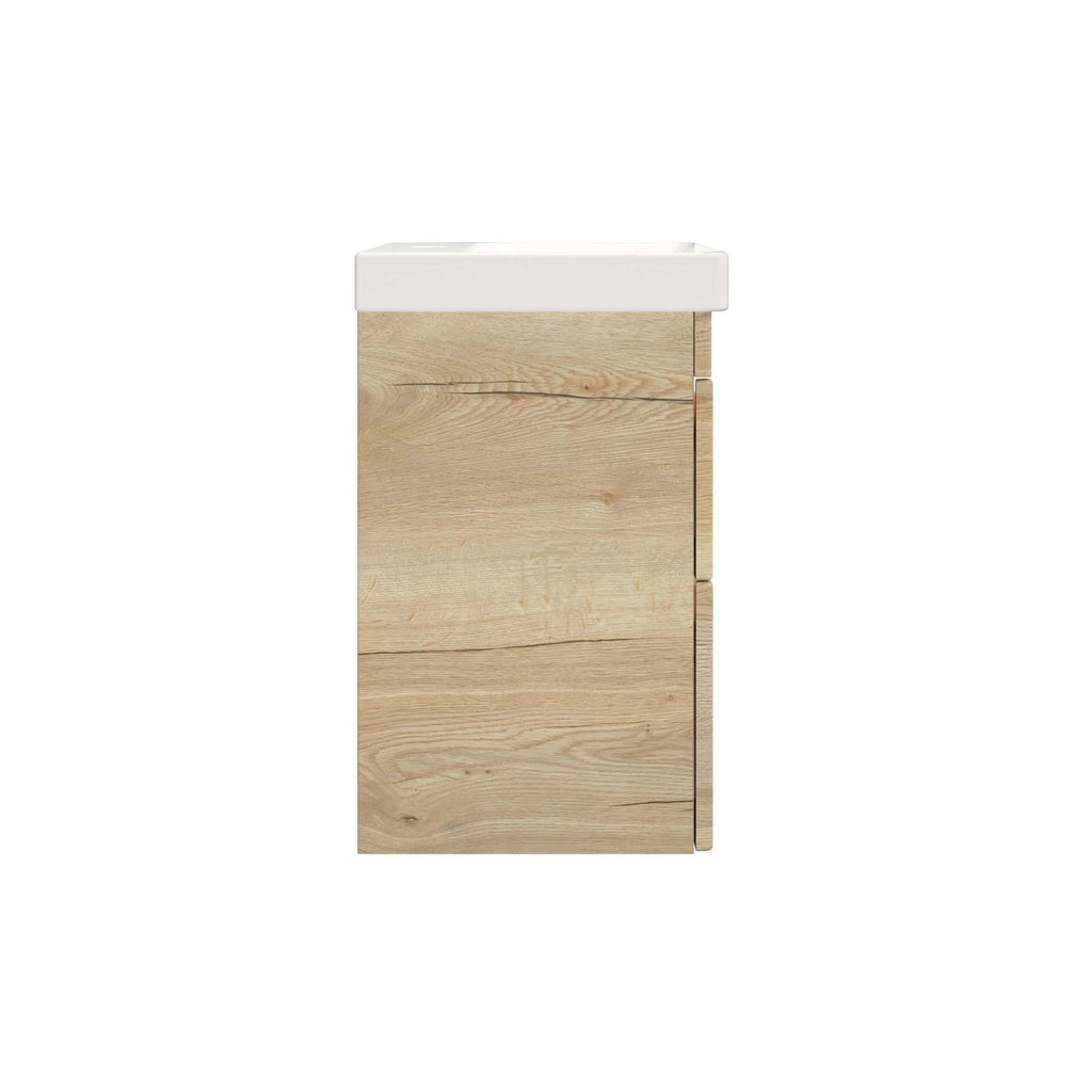 Contemporary bathroom vanity unit with a natural wood finish and integrated ceramic sink, ideal for modern bathroom decor. Stylish, functional, and space-saving design for elegant bathroom storage solutions.