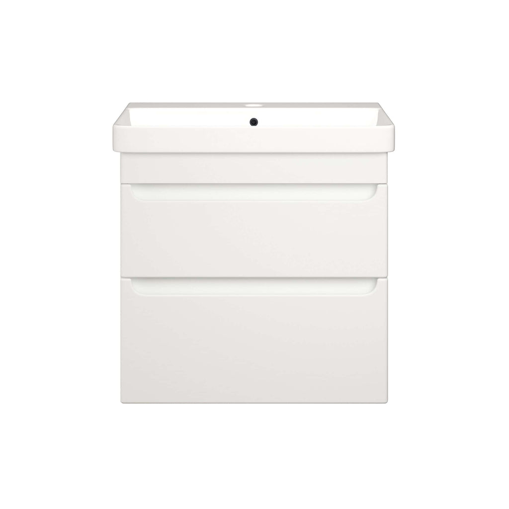 White modern bathroom vanity with integrated sink and storage drawers for contemporary bathroom design.